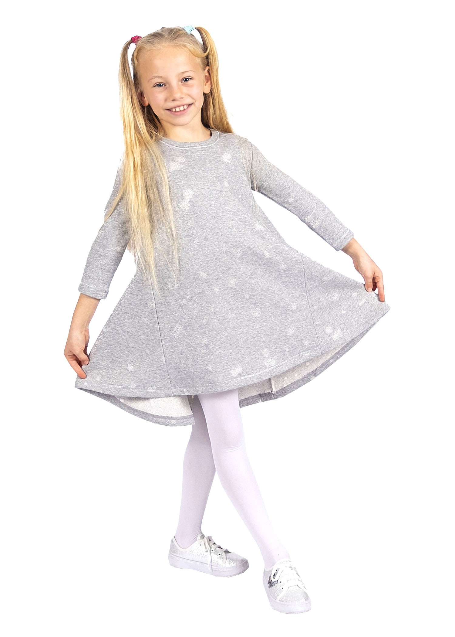 Glitter Vintage Effect Flared Skirt Gray Winter Girls Dress