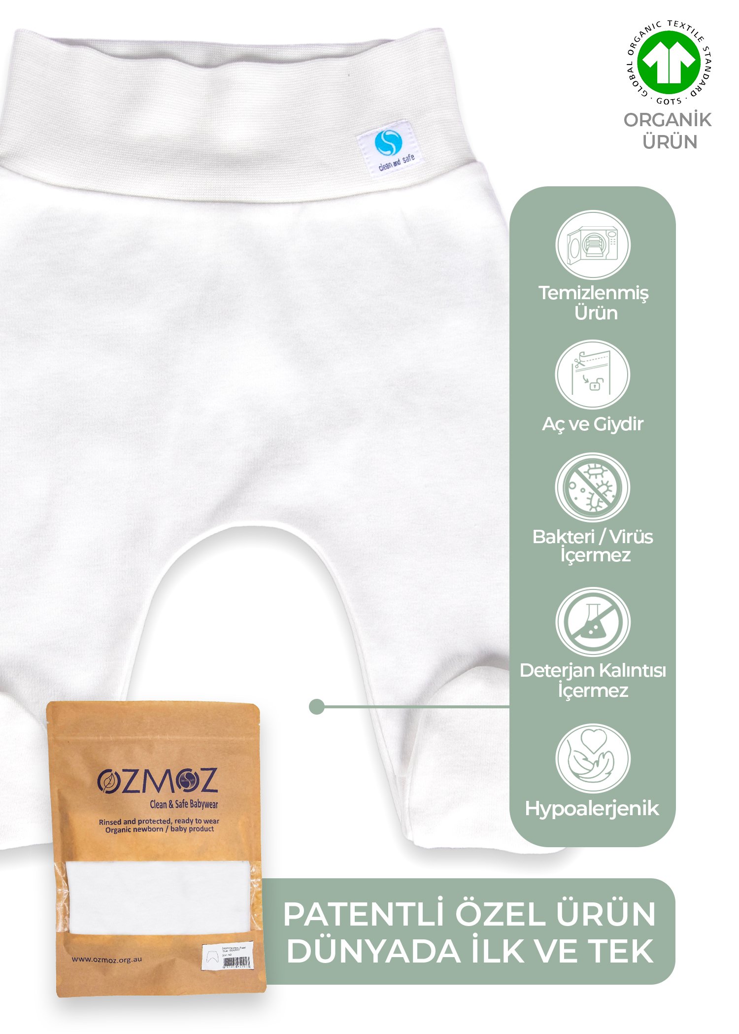 Clean&Safe Organik Steril Temizlenmiş Unisex Bebek Patikli Alt