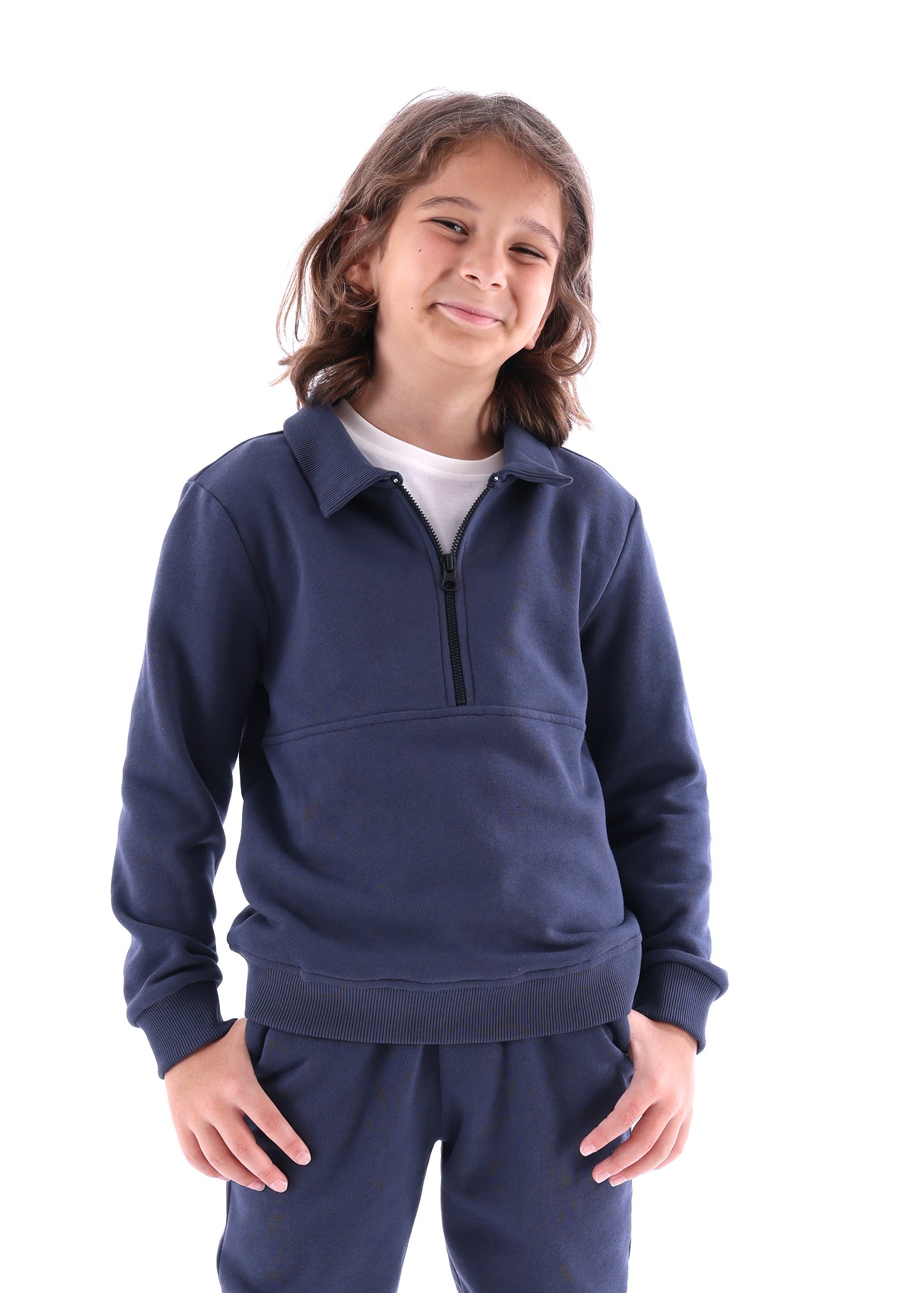 Organic Navy Blue Winter Boy's Sweatshirt with Zipper on the Collar