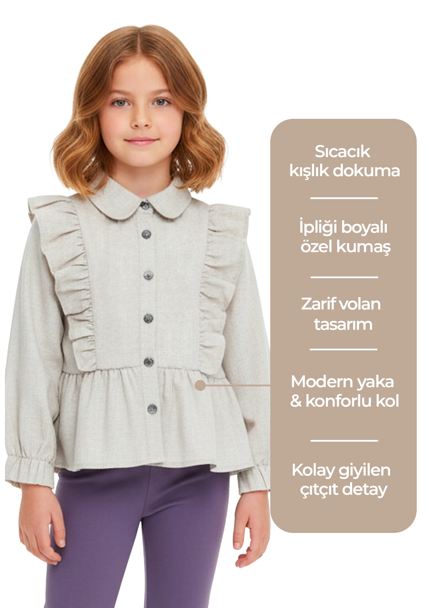Fırfırlı Bej Kışlık Kız Çocuk Gömlek
