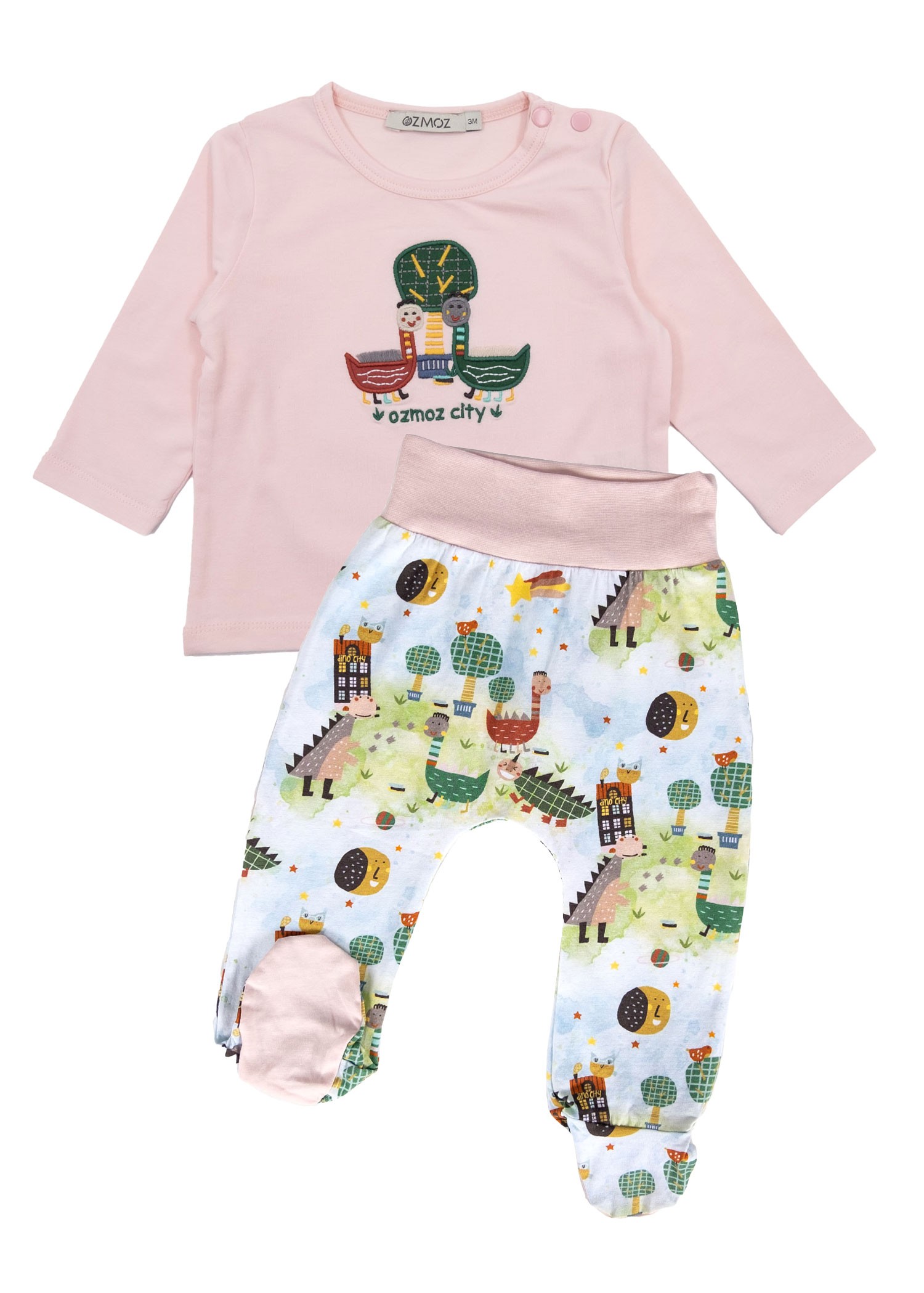 Organic Dino Embroidered Pink Spring Baby Girl Set with Booties