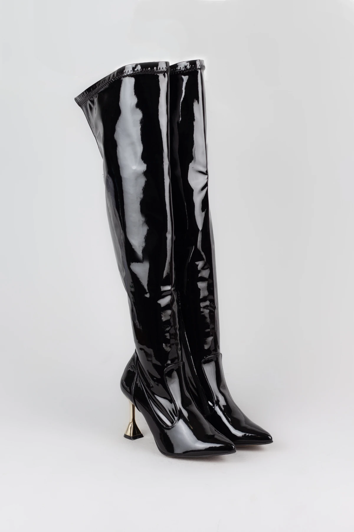 Kadın Sivri Burun Arkası Bağlamalı Yarım Fermuar Altın Topuklu Çizme