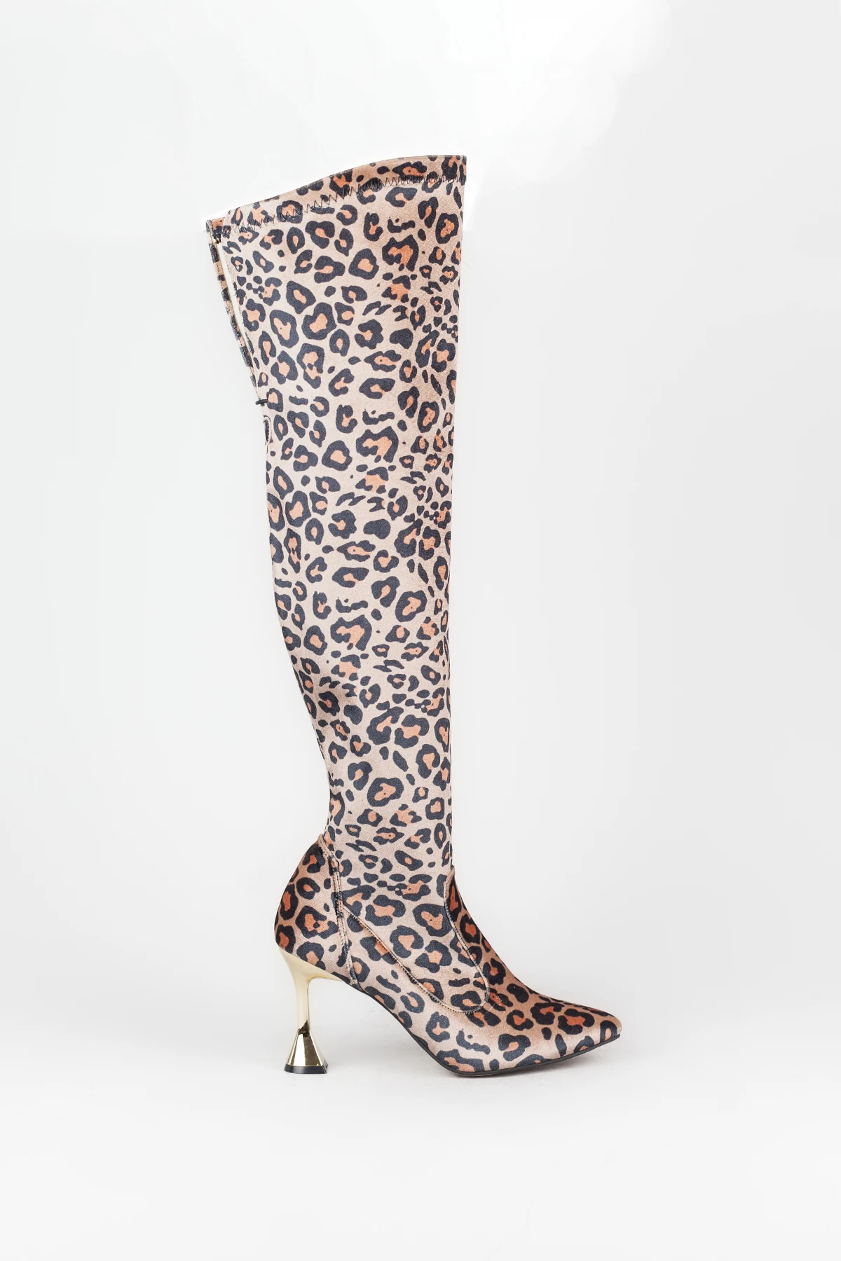 Kadın Sivri Burun Arkası Bağlamalı Yarım Fermuar Altın Topuklu Çizme