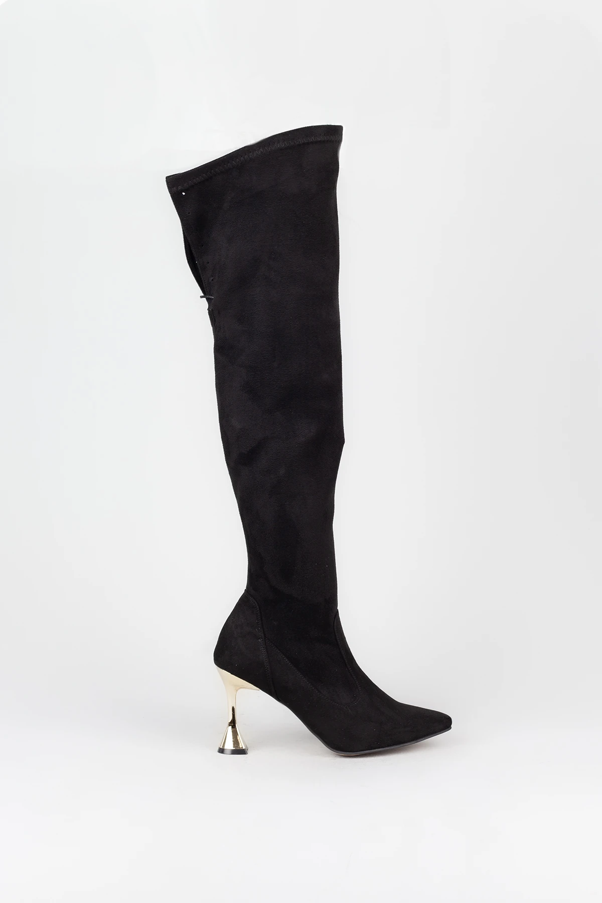 Kadın Sivri Burun Arkası Bağlamalı Yarım Fermuar Altın Topuklu Çizme