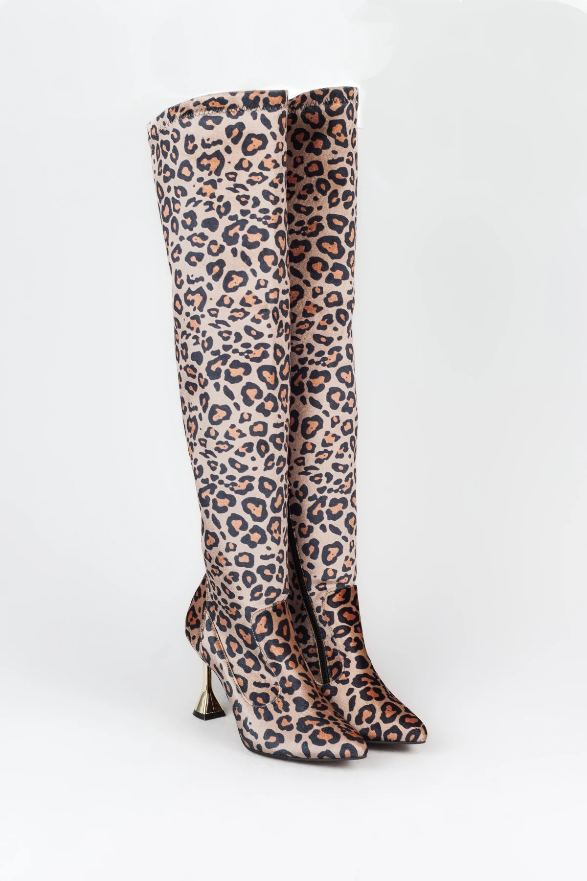 Kadın Sivri Burun Arkası Bağlamalı Yarım Fermuar Altın Topuklu Çizme