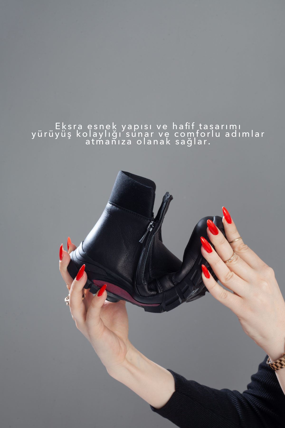 Kadın Siyah Hakiki Deri Kaymaz Taban Ekstra Esnek Soğuk Geçirmez Bot