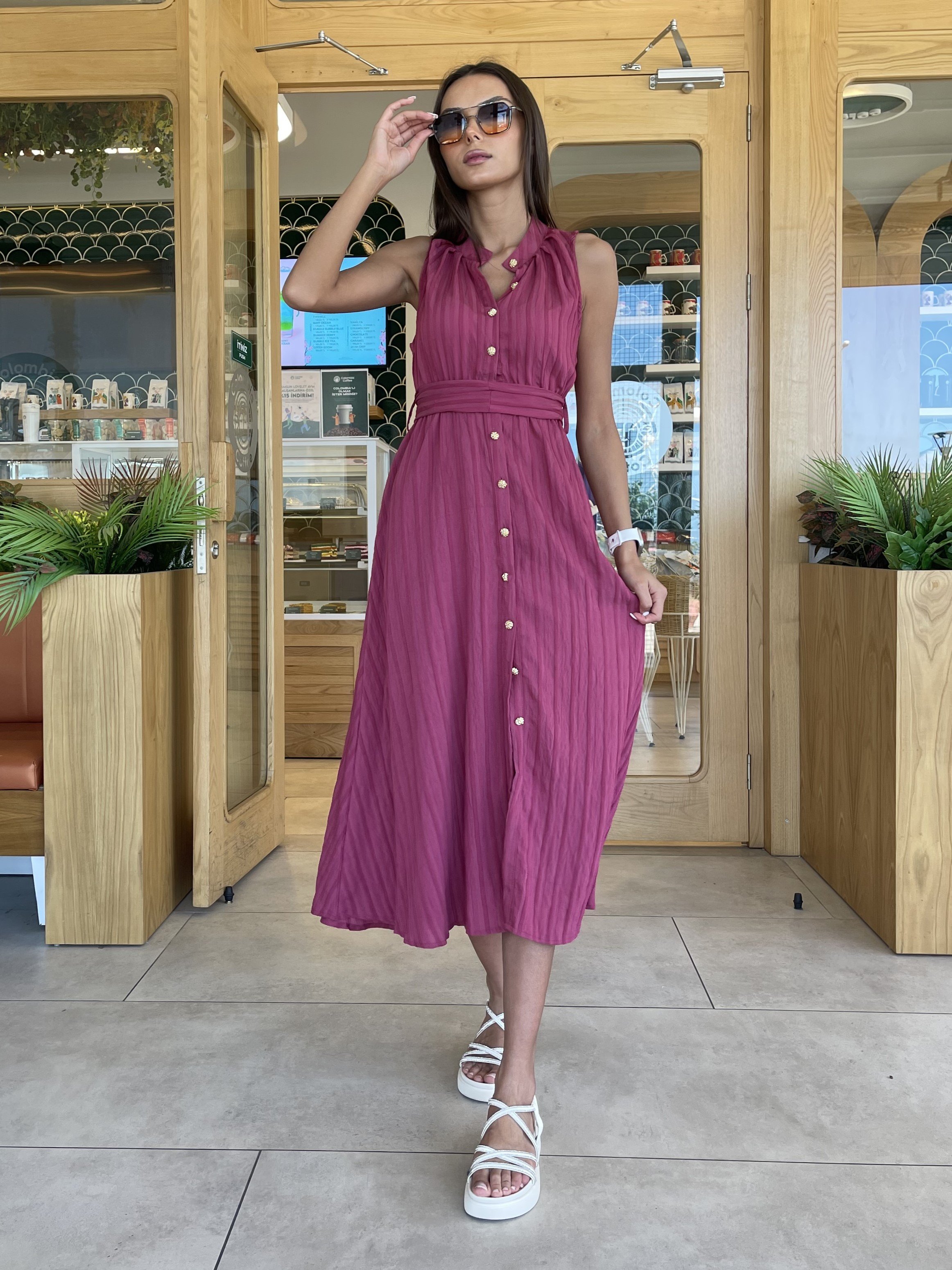 4589 BELİ LASTİKLİ KUŞAKLI ELBİSE