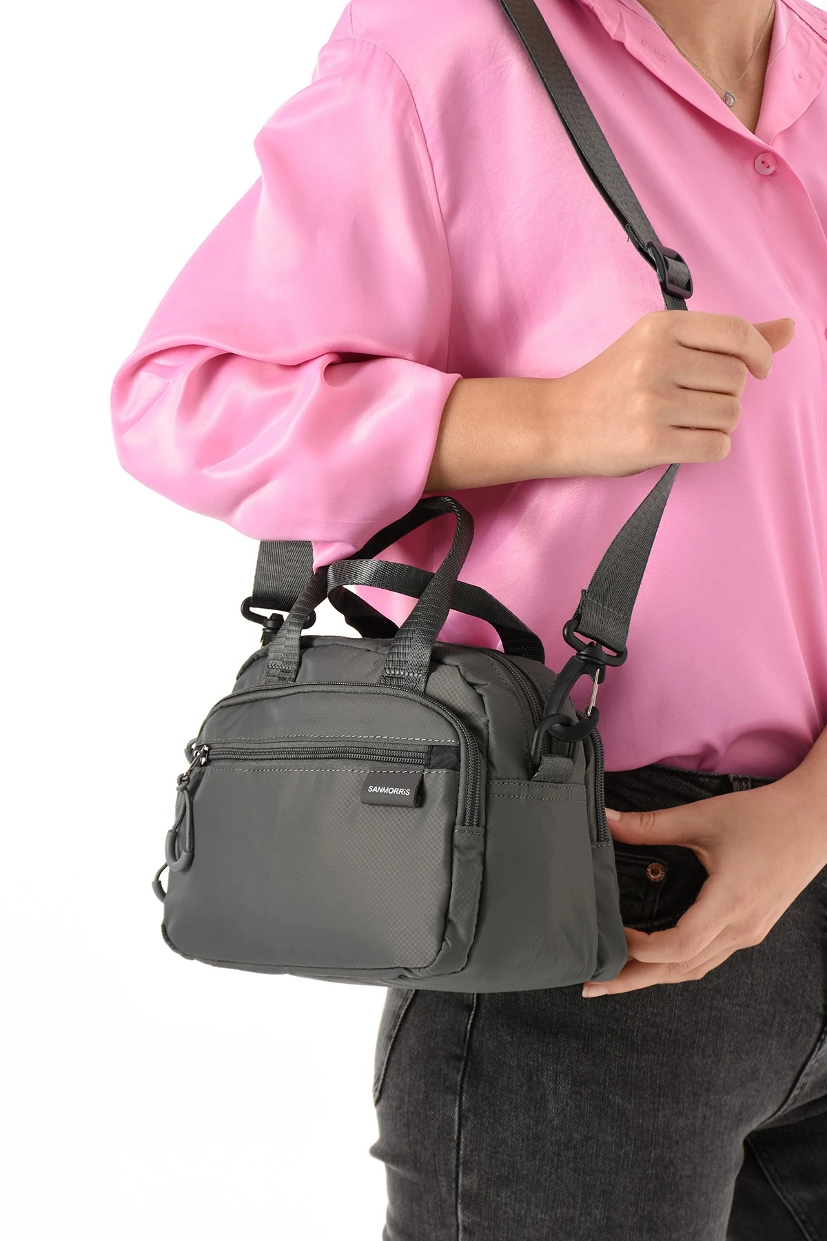 Suya Dayanıklı Ultra Hafif Paraşüt Kumaş 4 Gözlü Kadın El ve Omuz Çantası - koyu gri