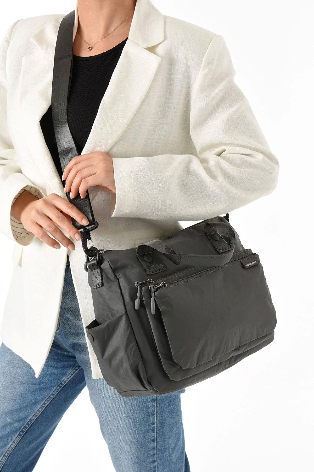 San Morris Kadın 4 Bölmeli Paraşüt Kumaş Ayarlanabilir Çapraz Askılı El Ve Omuz Çantası - koyu gri