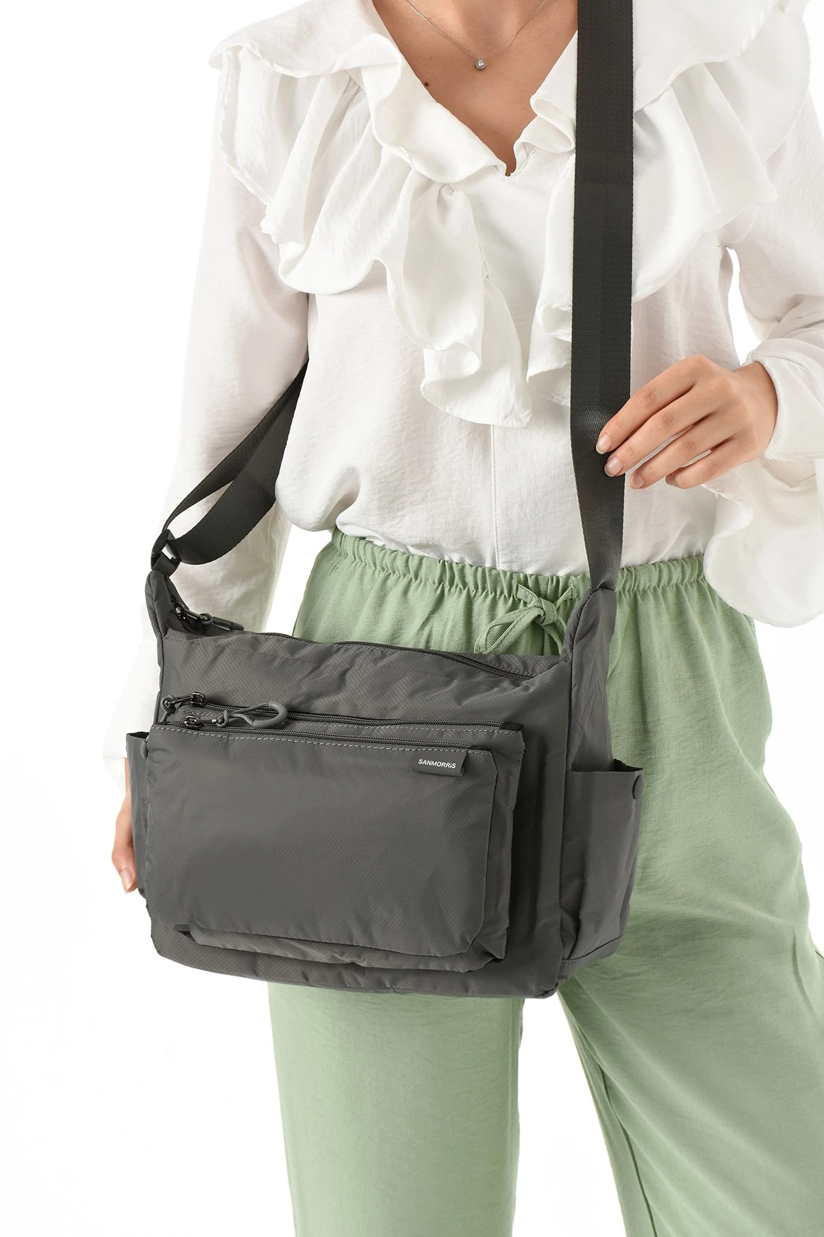 Sanmorris Kadın 3 Gözlü Paraşüt Kumaş Ayarlanabilir Çapraz Askılı Çanta - koyu gri