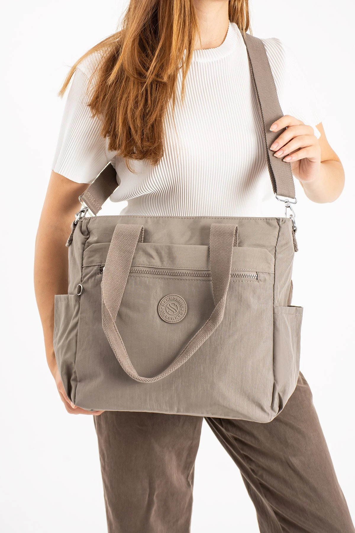 Kadın Büyük Boy Çok Bölmeli Suya Dayanıklı Çapraz Ve Omuz Askılı Çanta - açık vizon