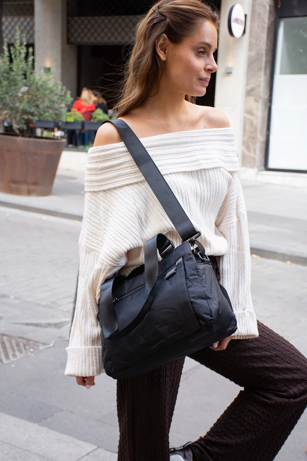 5 Gözlü Desenli Paraşüt Kumaş Ayarlanabilir Çapraz Askılı El Ve Omuz Çantası - Siyah