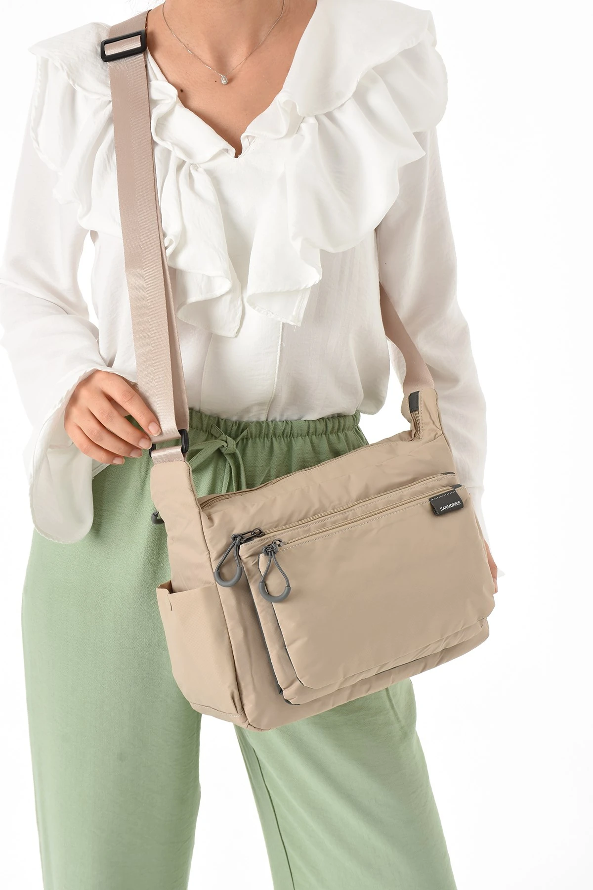 Sanmorris Kadın 3 Gözlü Paraşüt Kumaş Ayarlanabilir Çapraz Askılı Çanta - bej