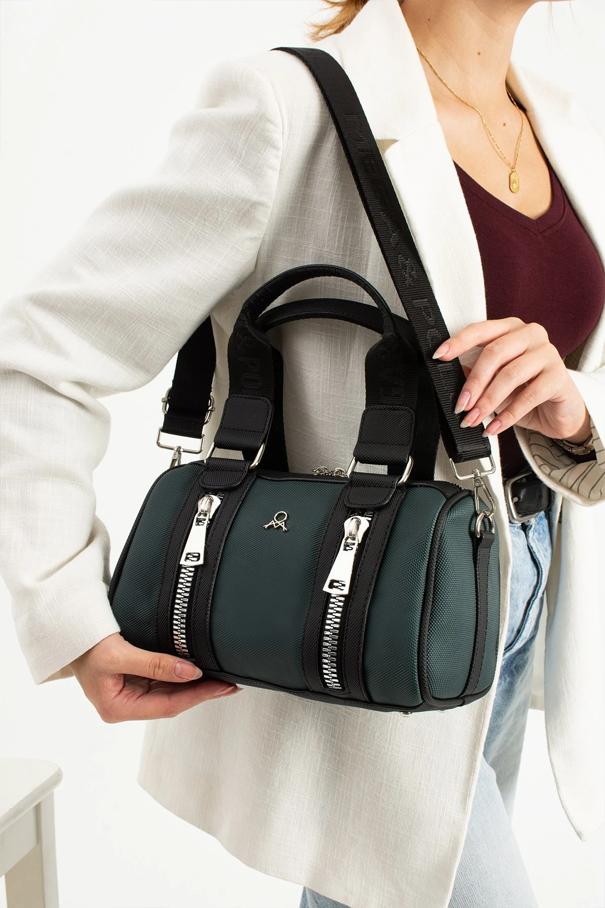 Mega Polo Silindir Fermuar Detaylı El ve Omuz Askılı Kadın Çanta - petrol