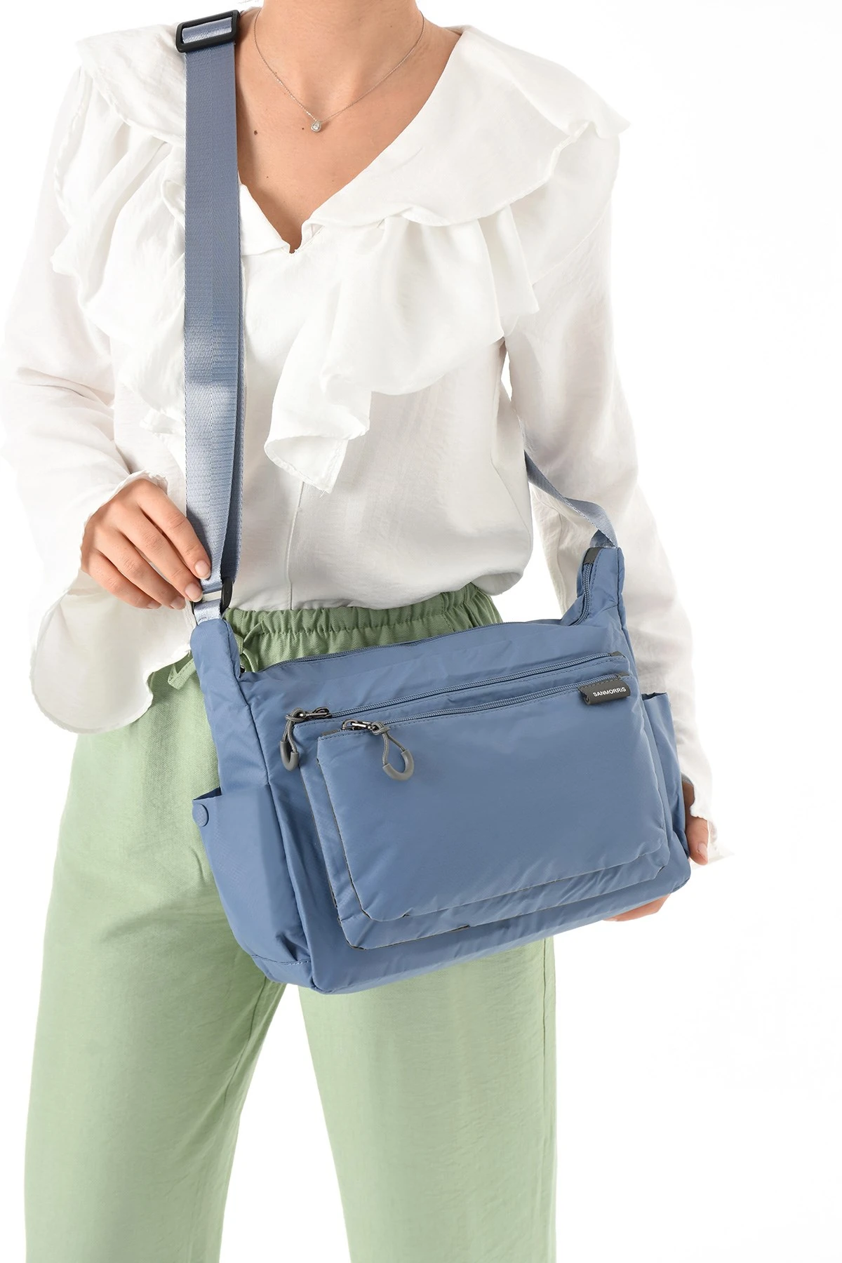 Sanmorris Kadın 3 Gözlü Paraşüt Kumaş Ayarlanabilir Çapraz Askılı Çanta - bebek mavisi