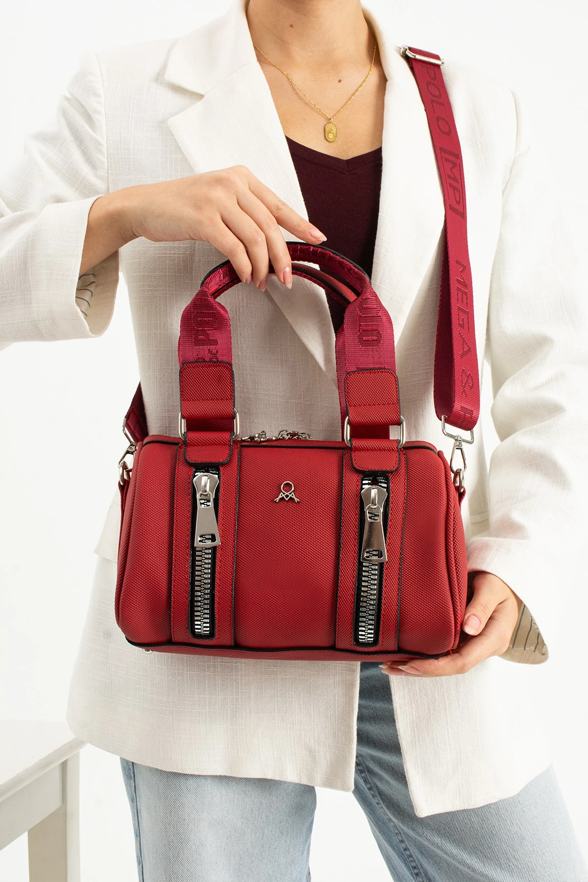 Mega Polo Silindir Fermuar Detaylı El ve Omuz Askılı Kadın Çanta - kırmızı