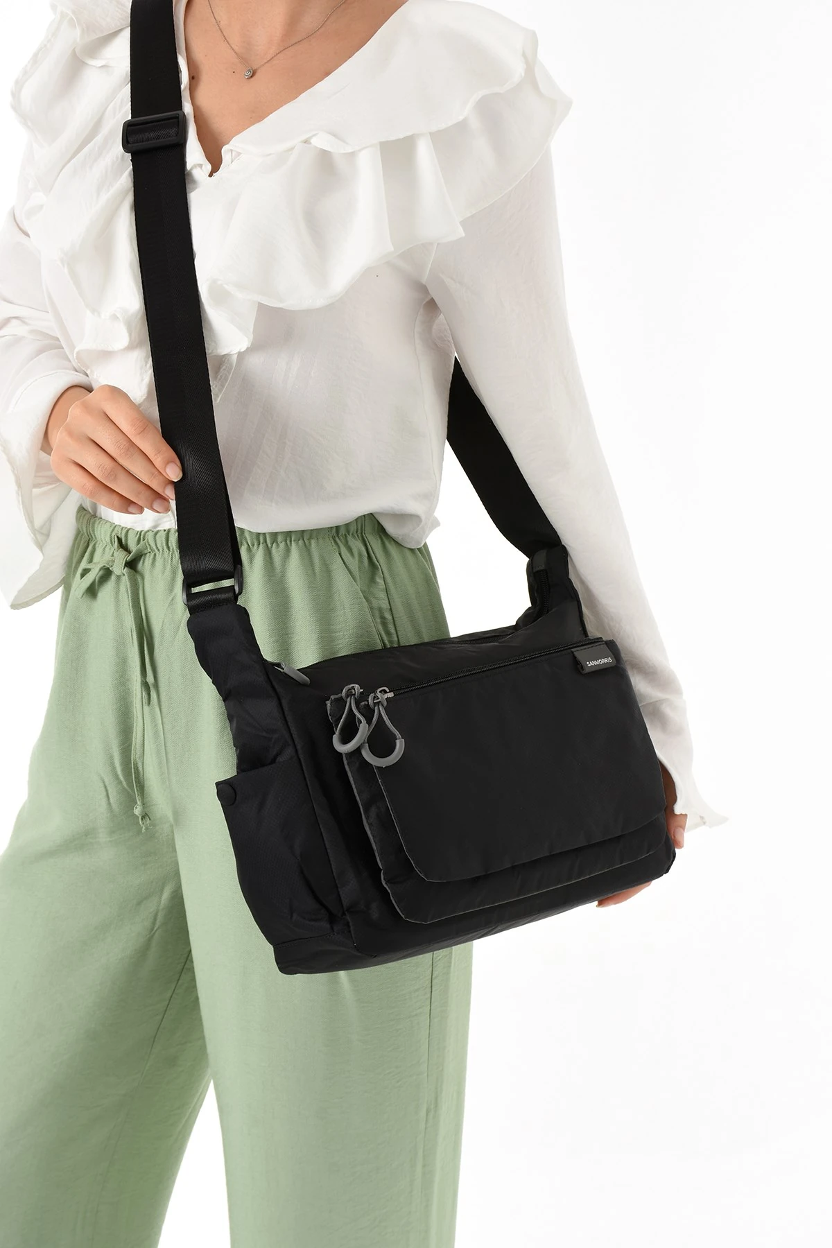 Sanmorris Kadın 3 Gözlü Paraşüt Kumaş Ayarlanabilir Çapraz Askılı Çanta - Siyah