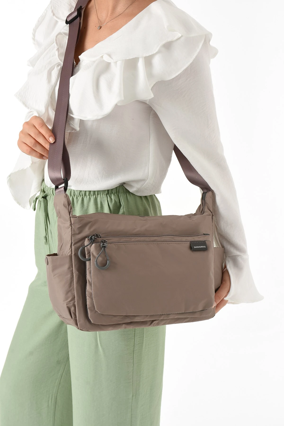 Sanmorris Kadın 3 Gözlü Paraşüt Kumaş Ayarlanabilir Çapraz Askılı Çanta - vizon