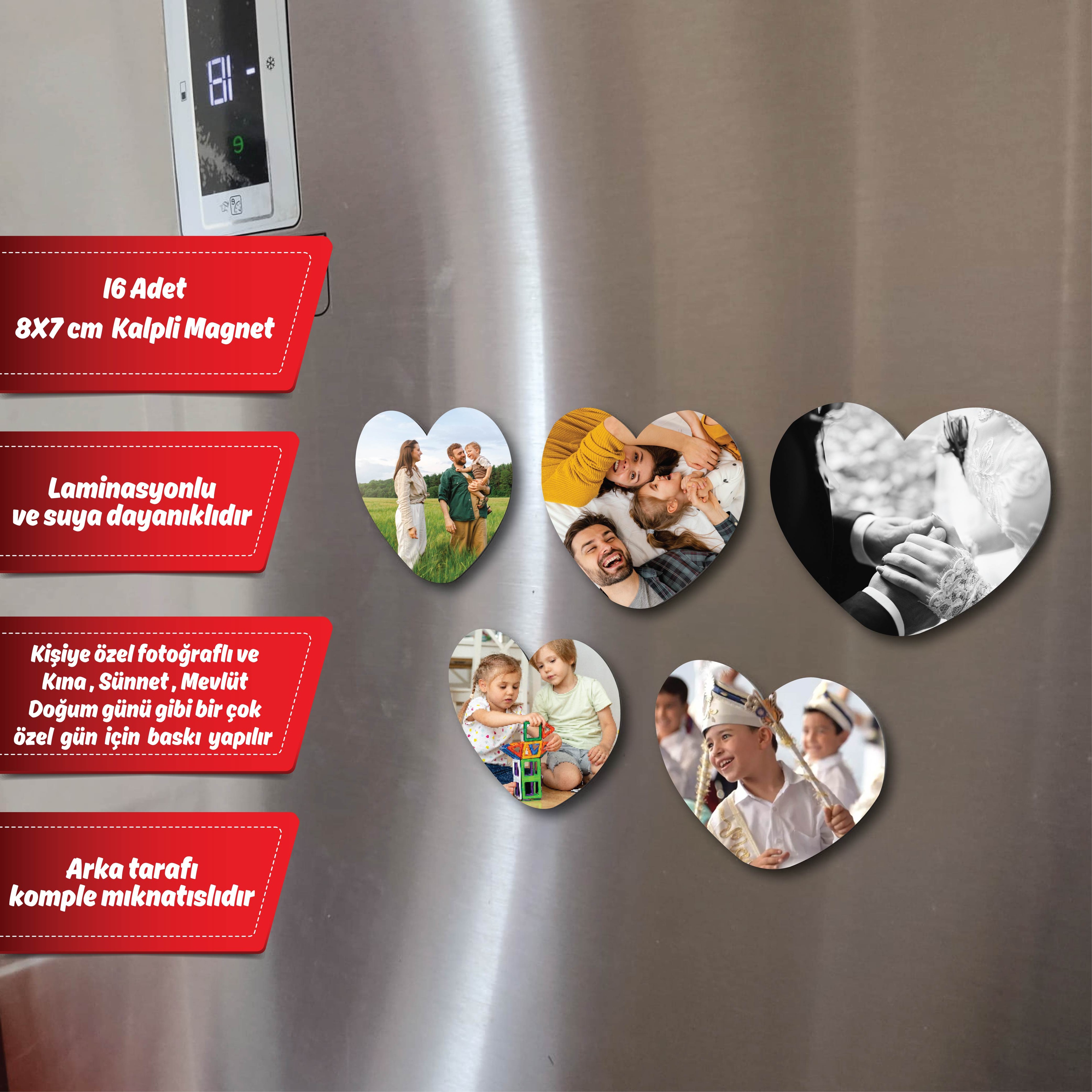 Magnet 16 Adet Kalpli Fotoğraflı Kişiye Özel Buzdolabı için (8X7CM) 