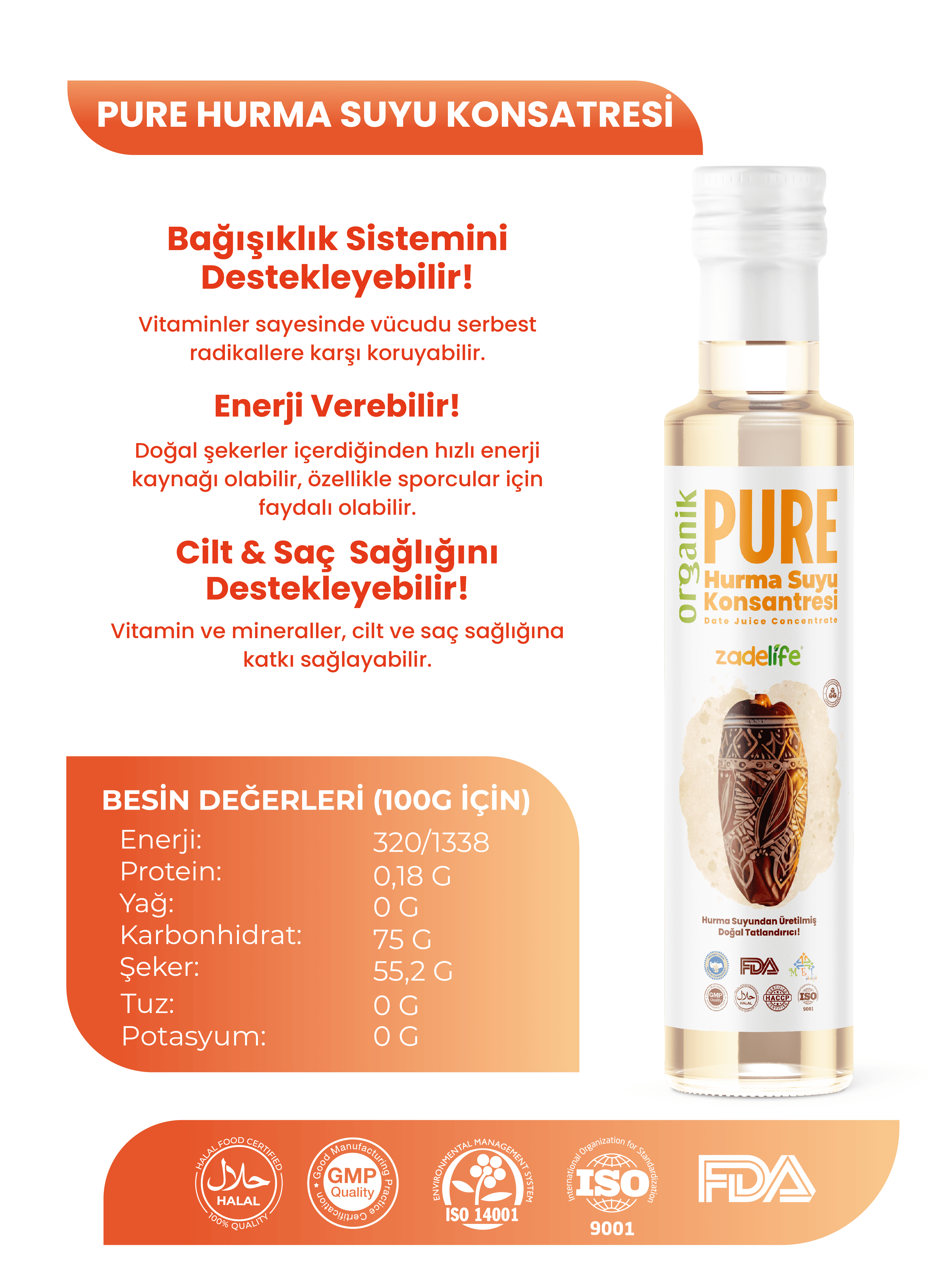 Organik Hurma Suyu Konsantresi FDA Onaylı 250 Ml