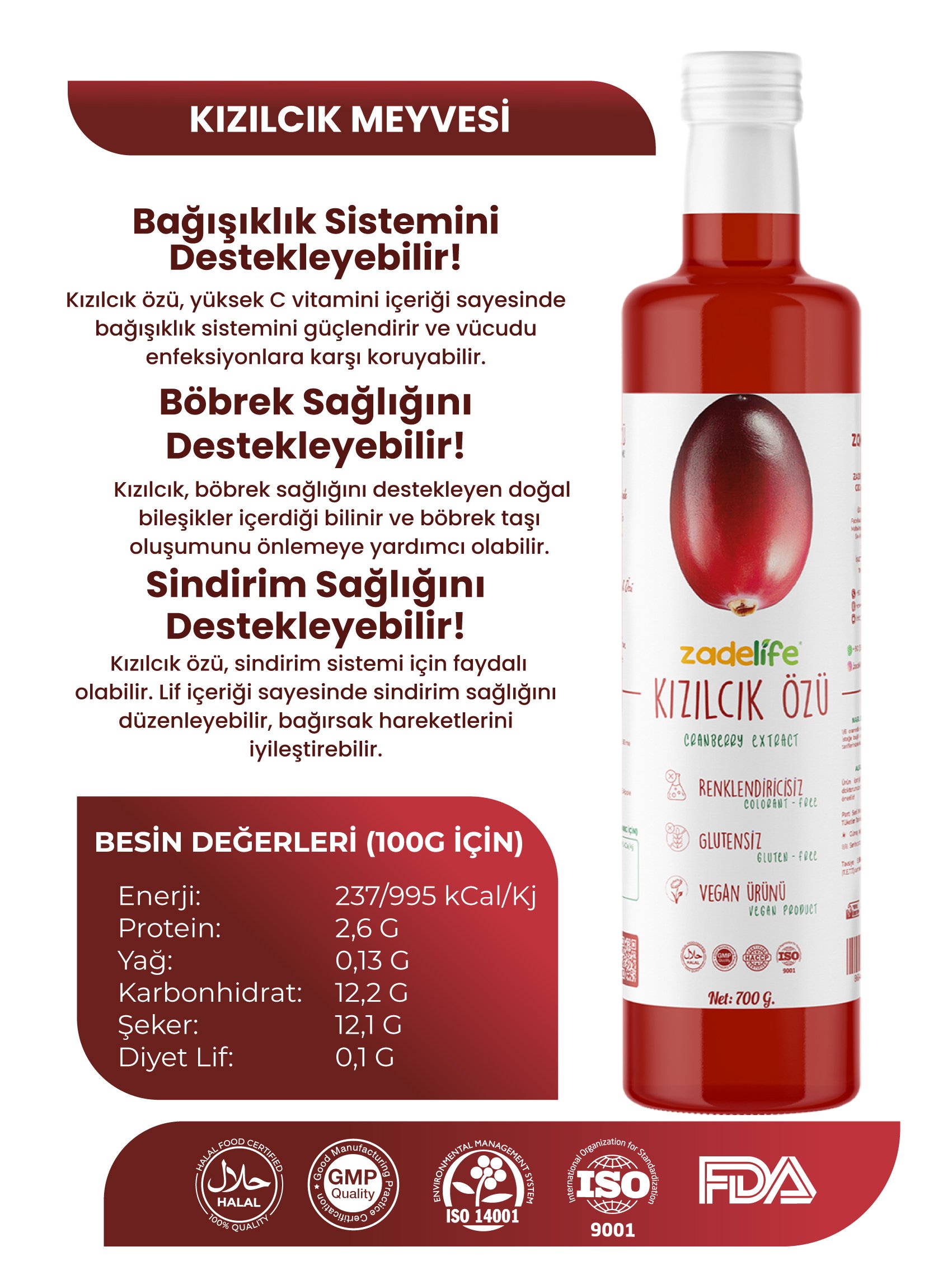 Zadelife® Kızılcık Özü 700 Gram