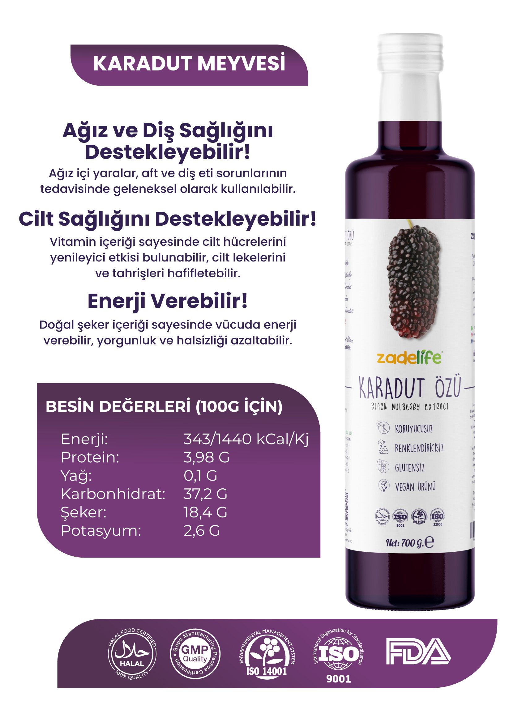 Zadelife® Karadut Özü 700 Gram