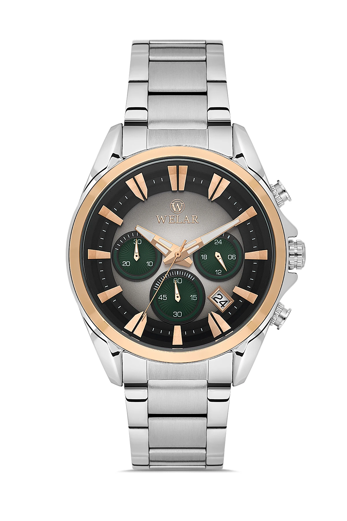 Wel2510-7 Erkek Kol Saati Kronometreli, Çelik Kasa Kordon, Su Geçirmez, Silver Gold Renk
