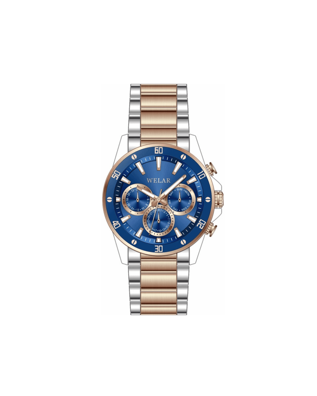 WEL3418-3 Fonksiyonlu Aqua Kadran ve Rose Gold Gümüş Kordon Çelik Erkek Kol Saati