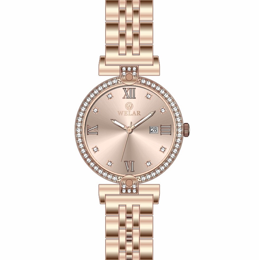 WEL3303-5 Taşlı Kasa Tasarımı Rose Gold Kadran ve Kordon Kadın Kol Saati