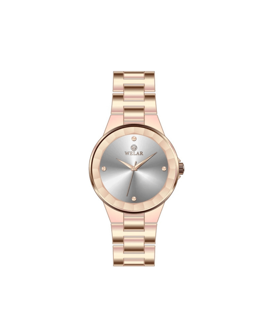 WEL3305-5 Rose Gold Kasa ve Kordon Pırlanta Kesim Kristal Camlı Kadın Kol Saati