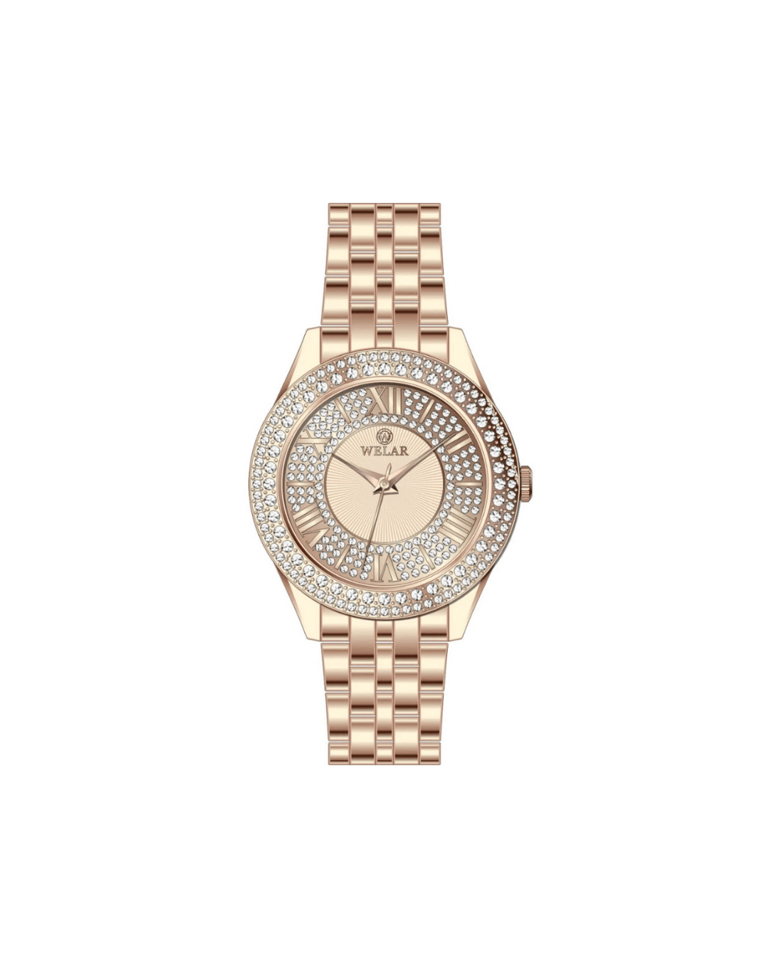 WEL3322-6 Taşlı Kasa Tasarımı Rose Gold Kaplama Kordon Çelik Kadın Kol Saati