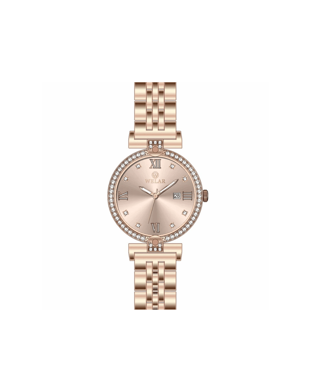 WEL3303-5 Taşlı Kasa Tasarımı Rose Gold Kadran ve Kordon Kadın Kol Saati
