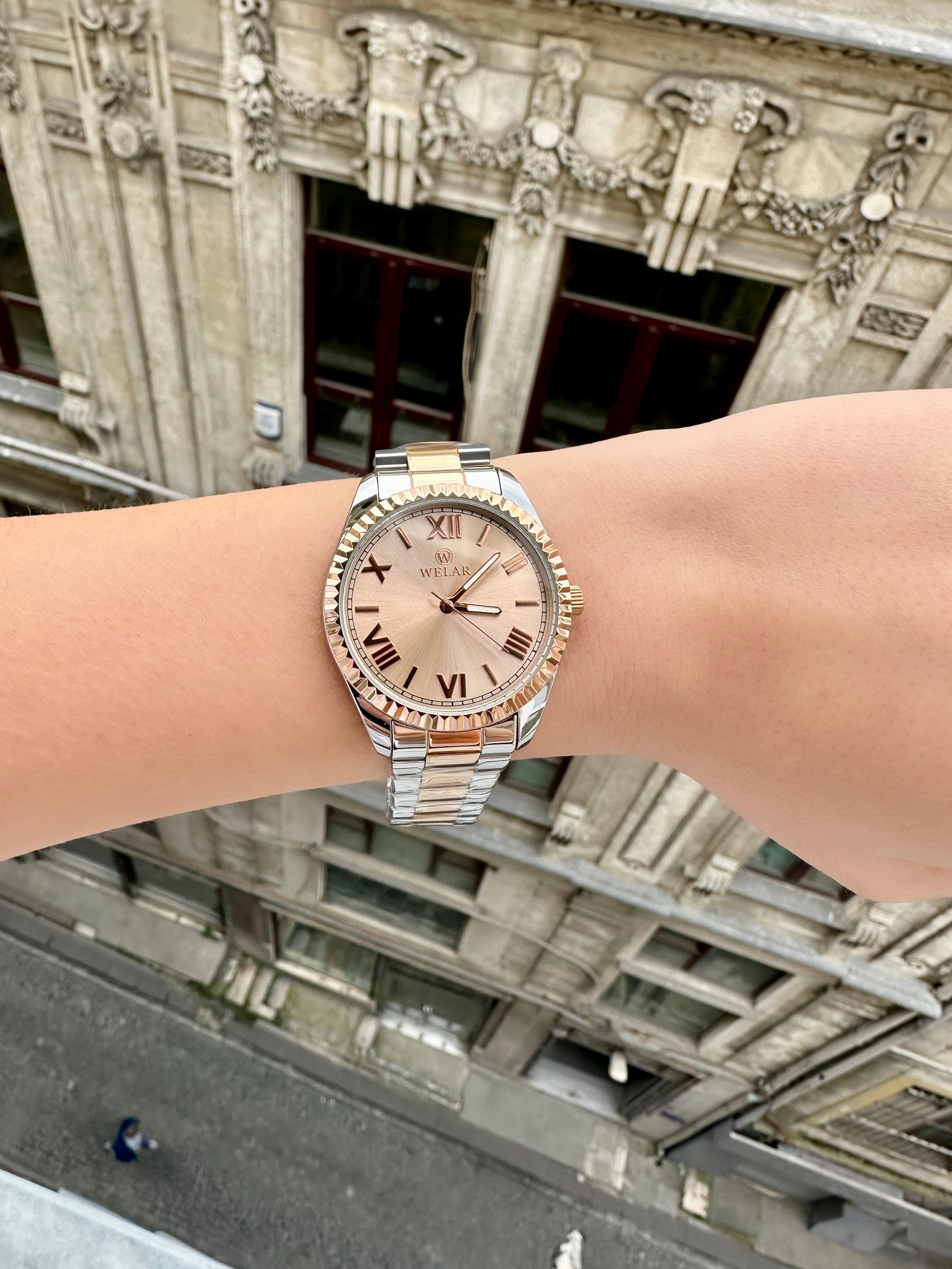 WEL3307-8 Rose Gold Kasa ve Rose Gümüş Kaplama Kordon Çelik Kadın Kol Saati