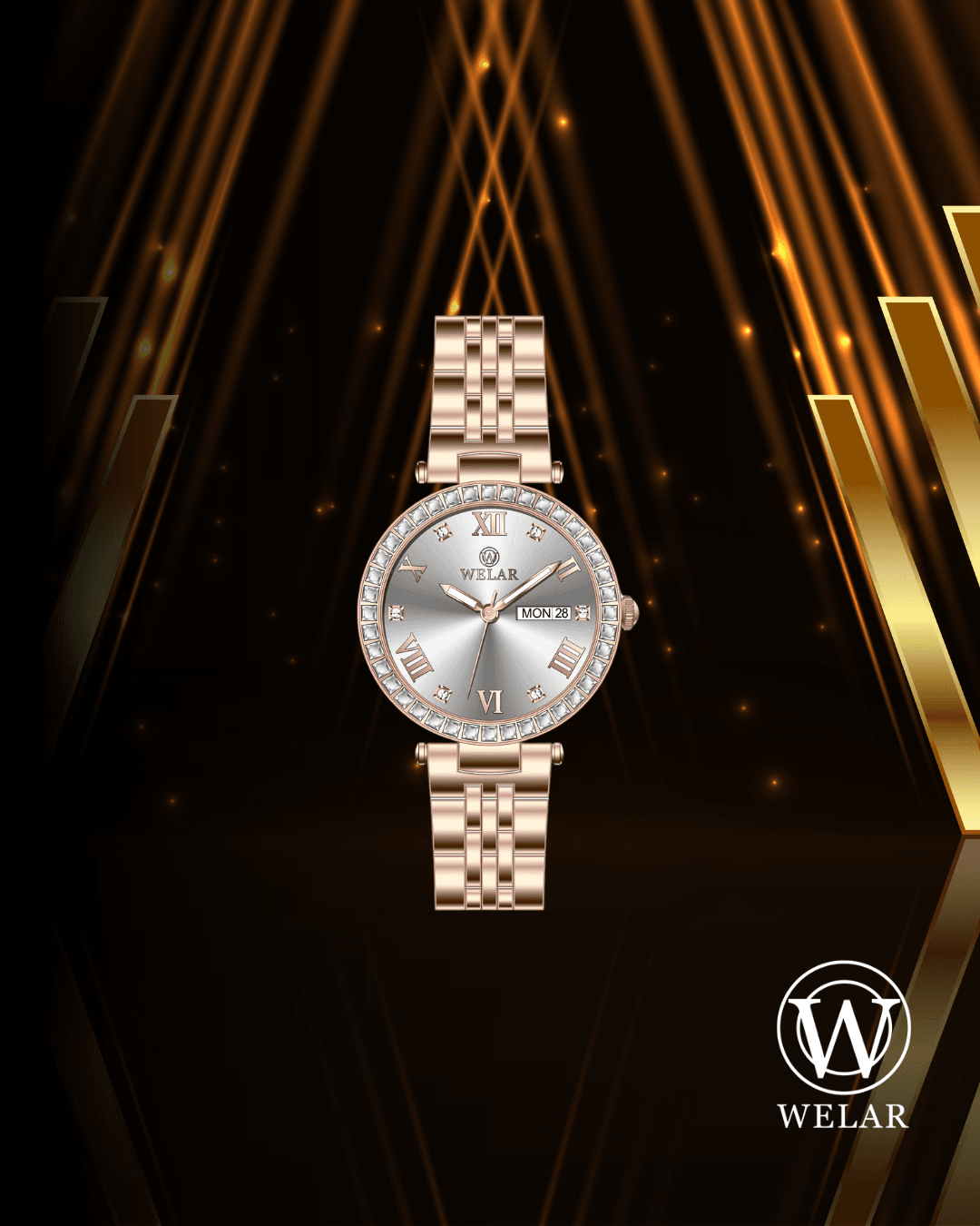 WEL3303-5 Taşlı Kasa Tasarımı Rose Gold Kadran ve Kordon Kadın Kol Saati