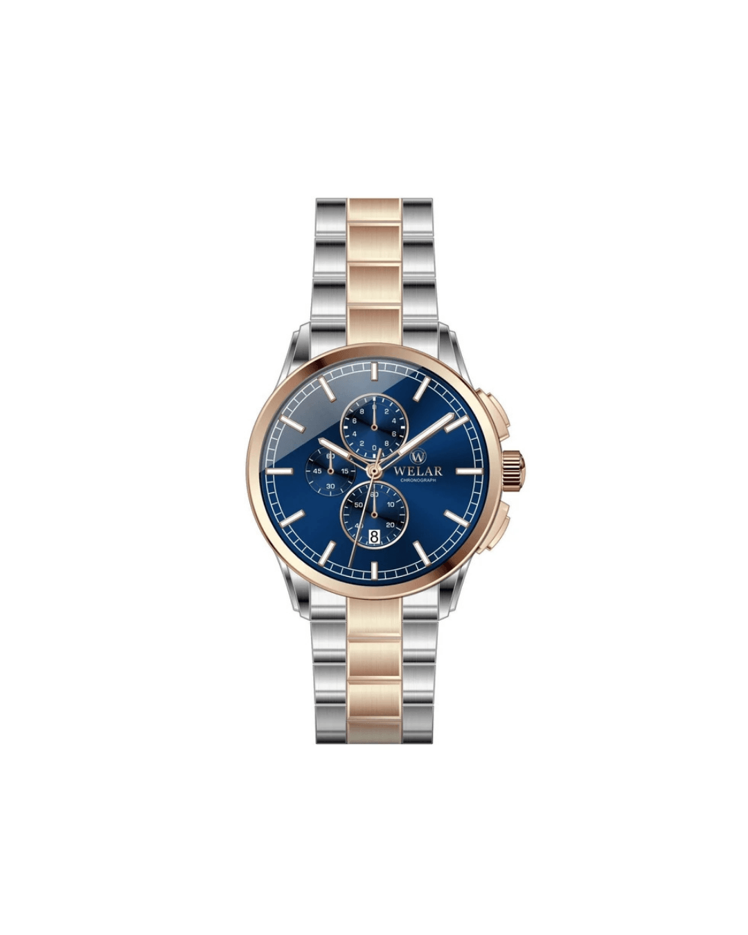 WEL3435-5 Fonksiyonlu Lacivert Kadran ve Rose Gold Kordon Çelik Erkek Kol Saati