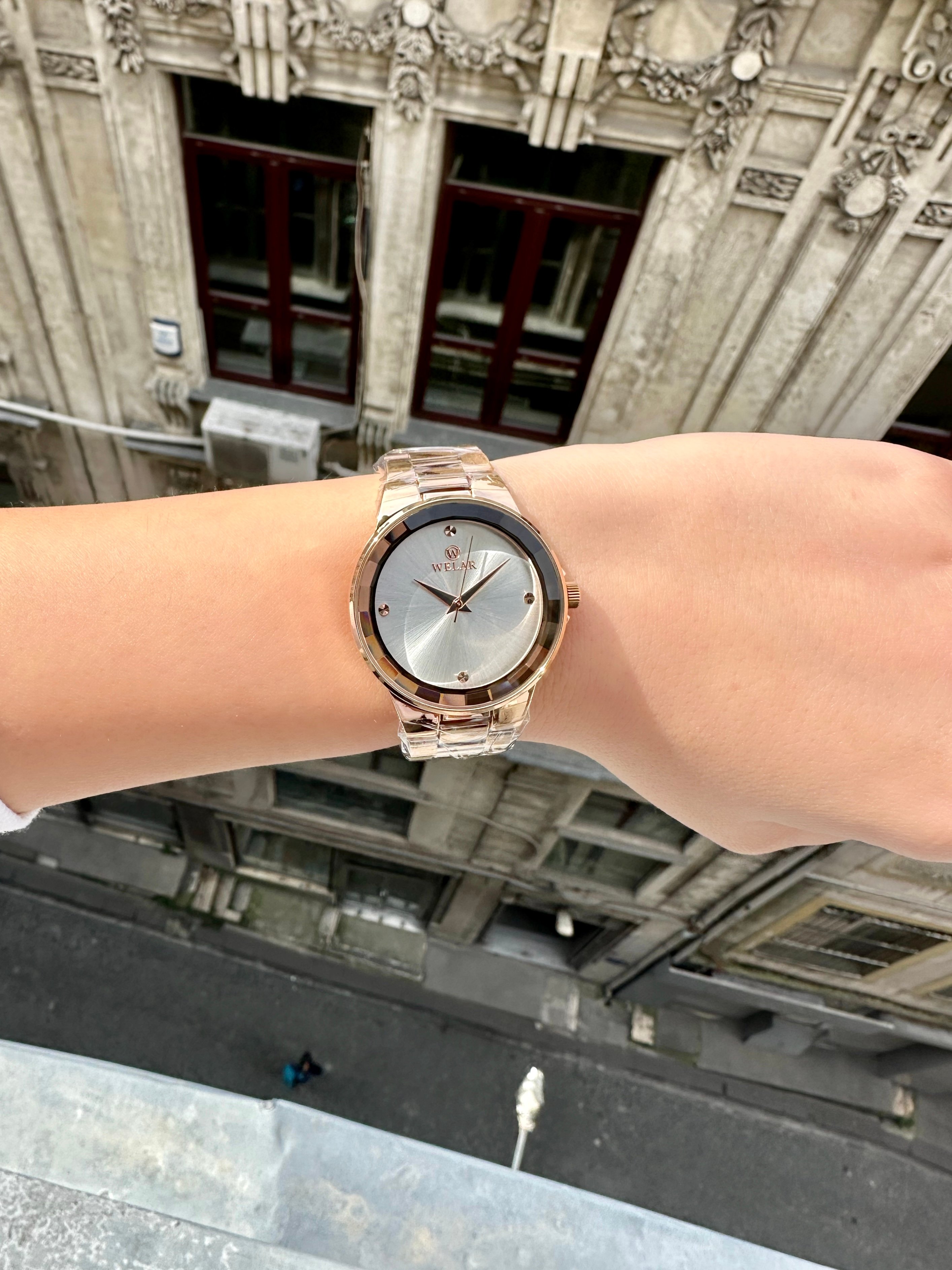 WEL3305-5 Rose Gold Kasa ve Kordon Pırlanta Kesim Kristal Camlı Kadın Kol Saati