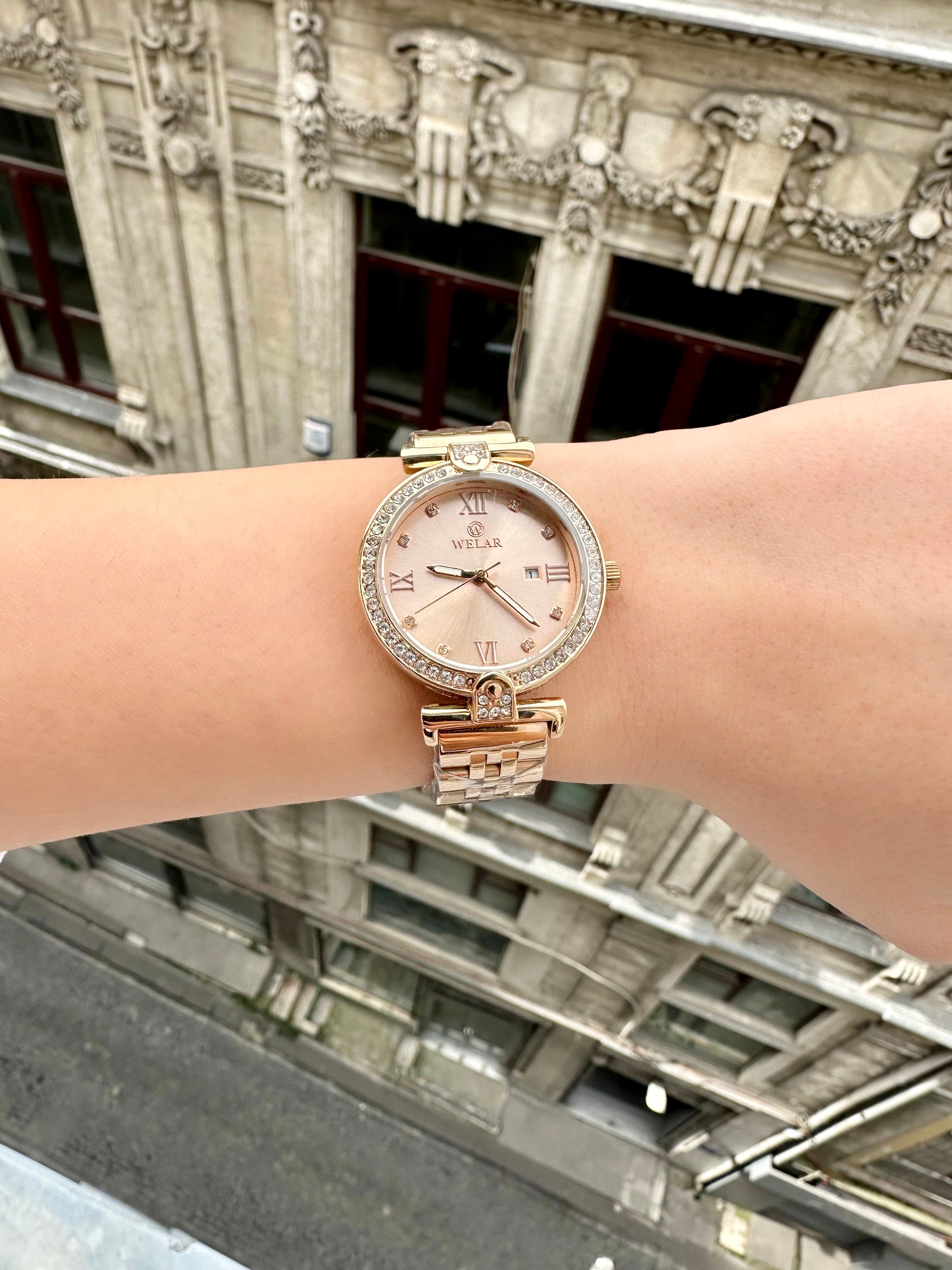 WEL3303-5 Taşlı Kasa Tasarımı Rose Gold Kadran ve Kordon Kadın Kol Saati