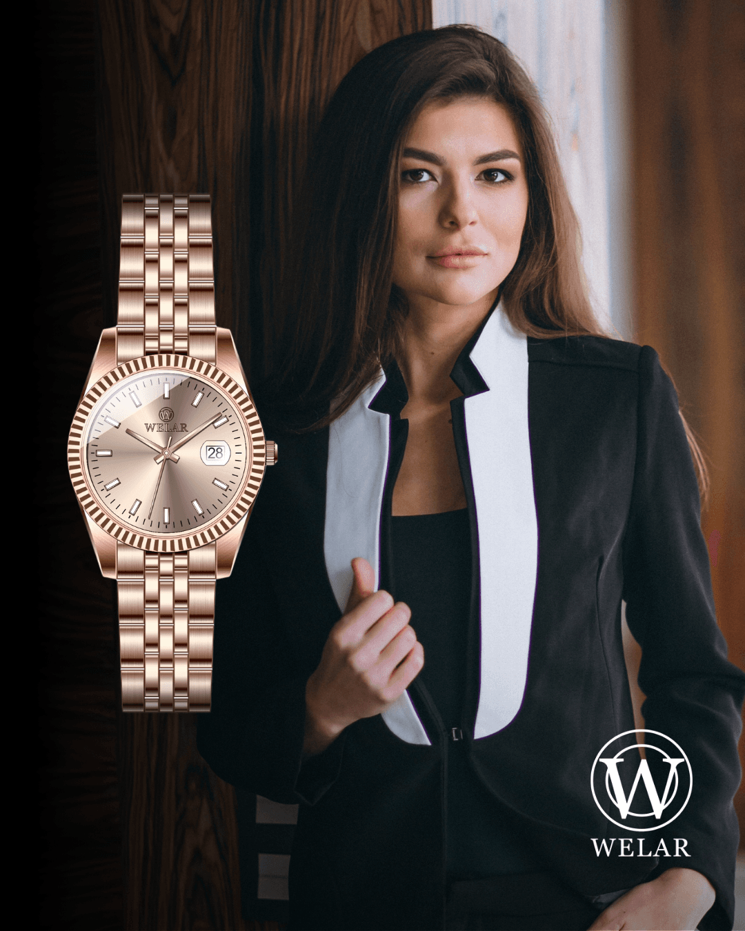 WEL6634-5 Rose Kasa Rose Kaplama Kordon & Paslanmaz Çelik Kadın Kol Saati