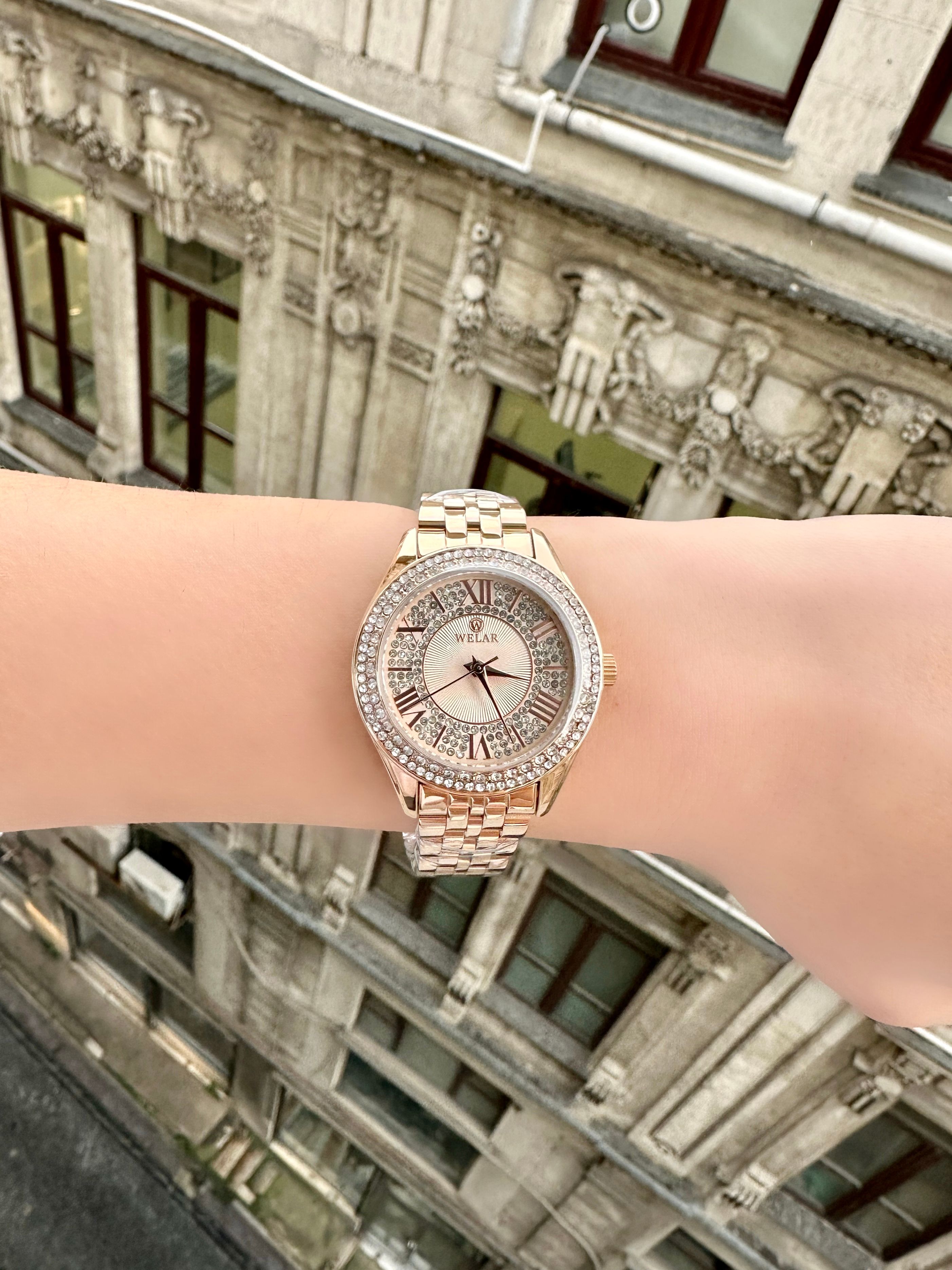 WEL3322-6 Taşlı Kasa Tasarımı Rose Gold Kaplama Kordon Çelik Kadın Kol Saati