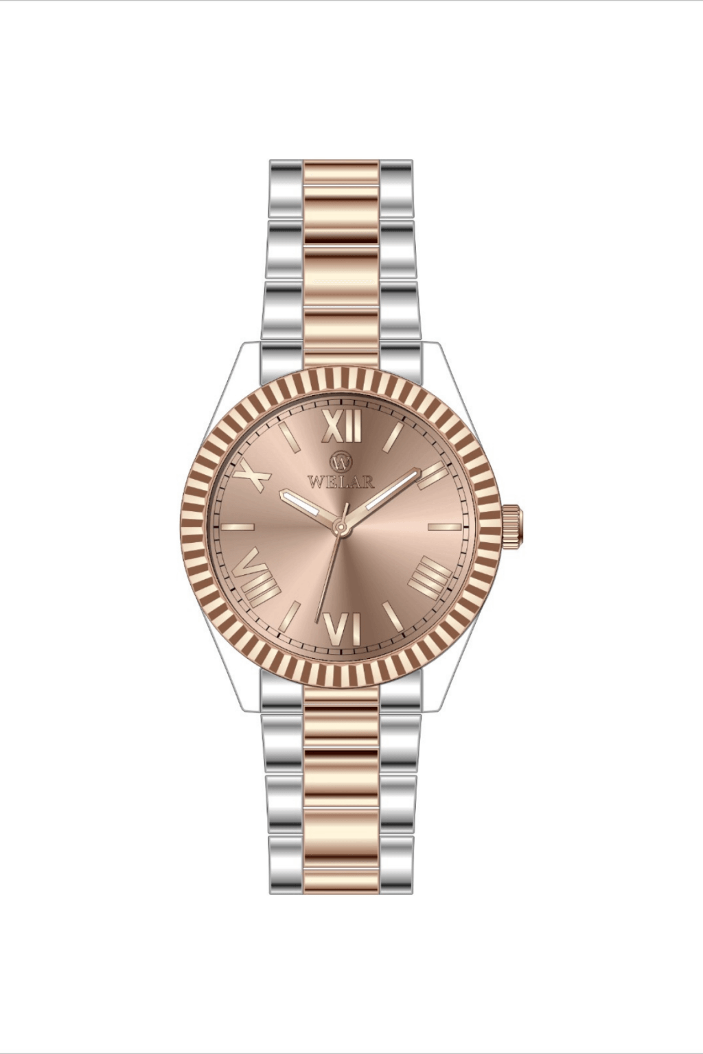 WEL3307-8 Rose Gold Kasa ve Rose Gümüş Kaplama Kordon Çelik Kadın Kol Saati