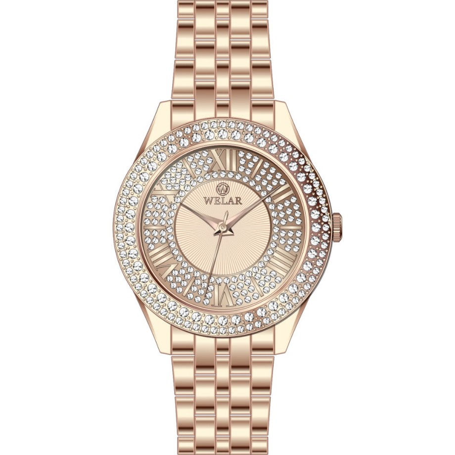 WEL3322-6 Taşlı Kasa Tasarımı Rose Gold Kaplama Kordon Çelik Kadın Kol Saati