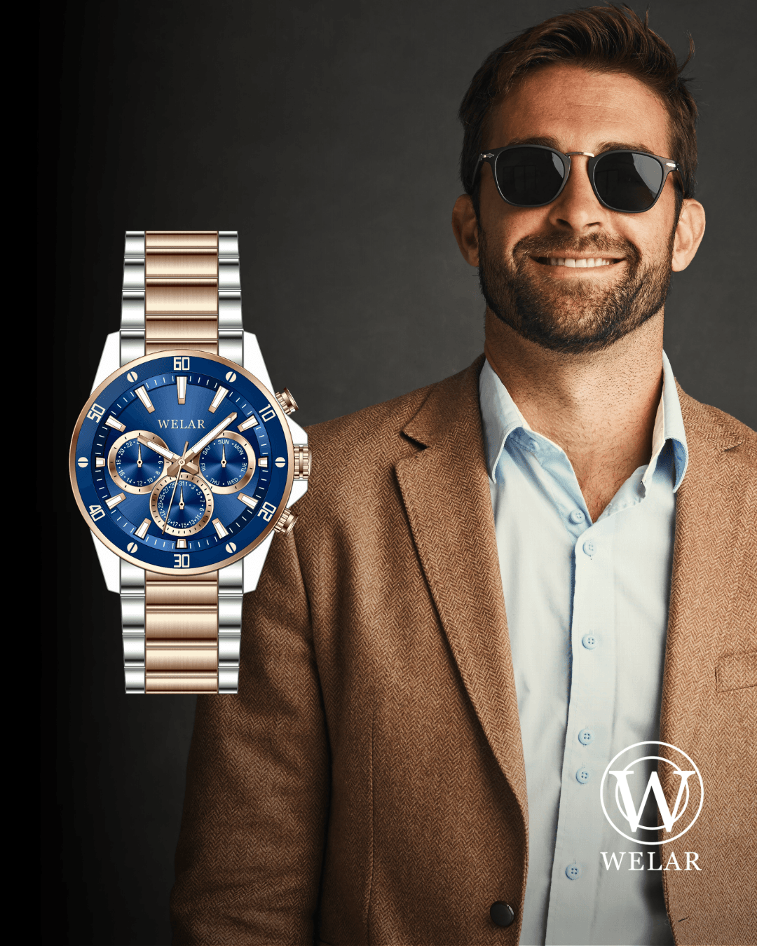 WEL3418-3 Fonksiyonlu Aqua Kadran ve Rose Gold Gümüş Kordon Çelik Erkek Kol Saati