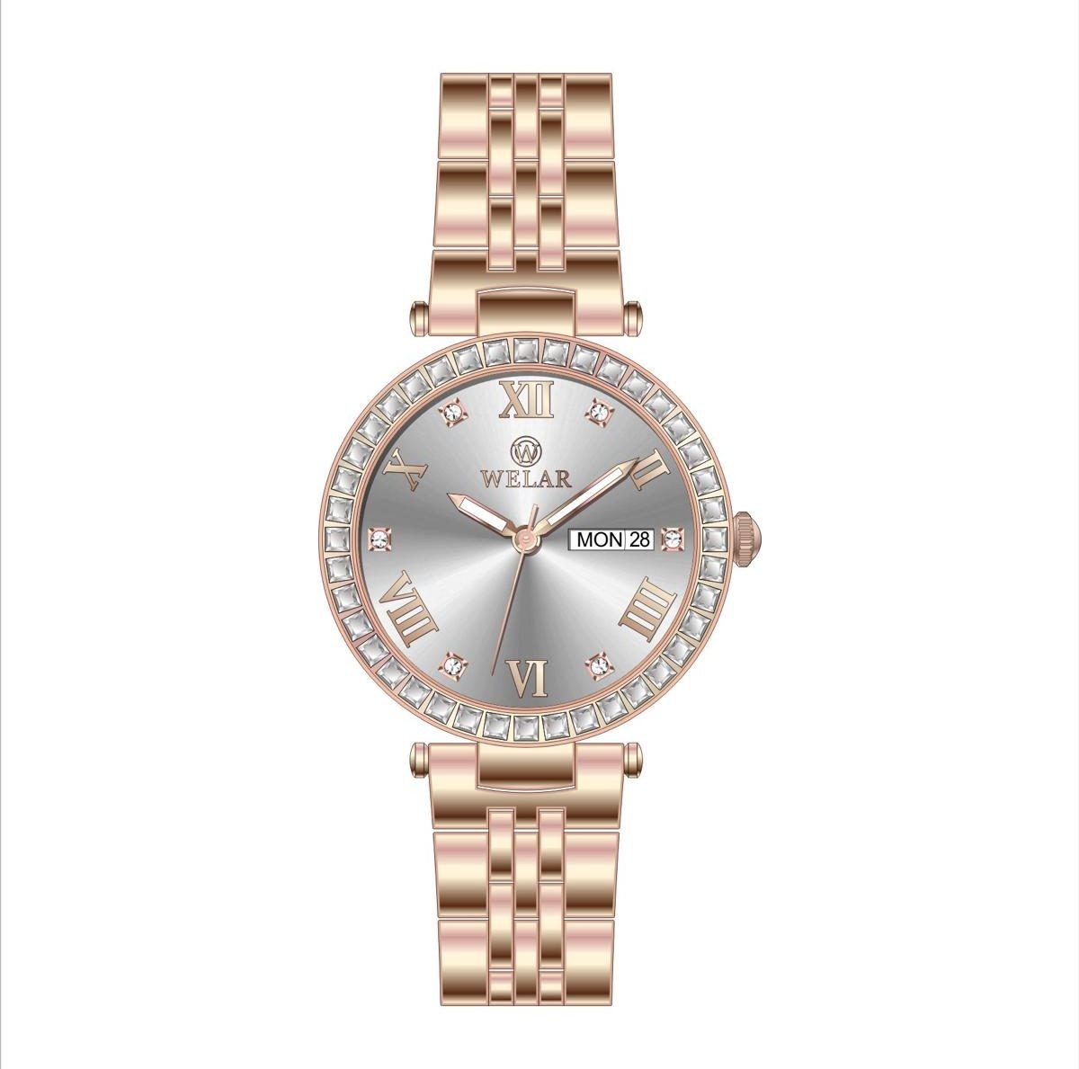 WEL3309-3 Beyaz Kadran ve Rose Gold Kaplama Kordon Çelik Kadın Kol Saati