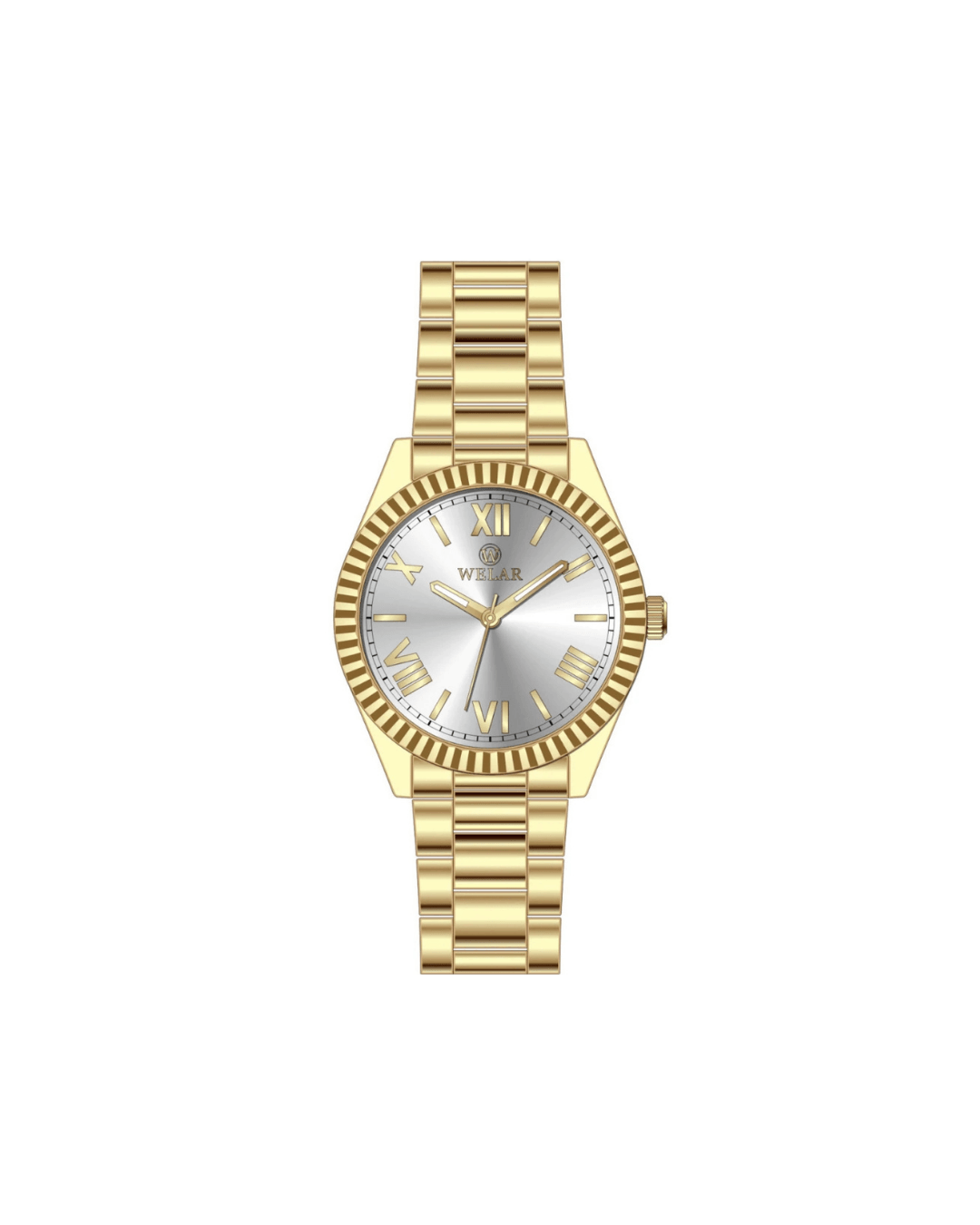 WEL3307-2 Beyaz Kadran Gold Altın Kaplama Kasa ve Kordon Çelik Kadın Kol Saati