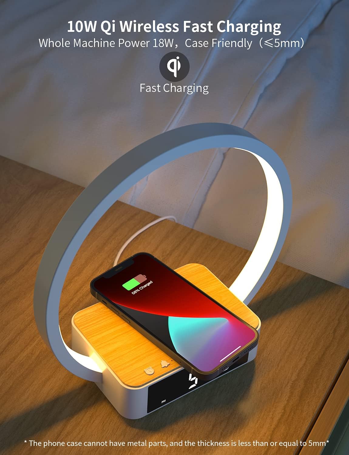 Amouhom 18W Dokunmatik LED Yatak Odası Lambası – Kablosuz Şarjlı & Alarm Özellikli