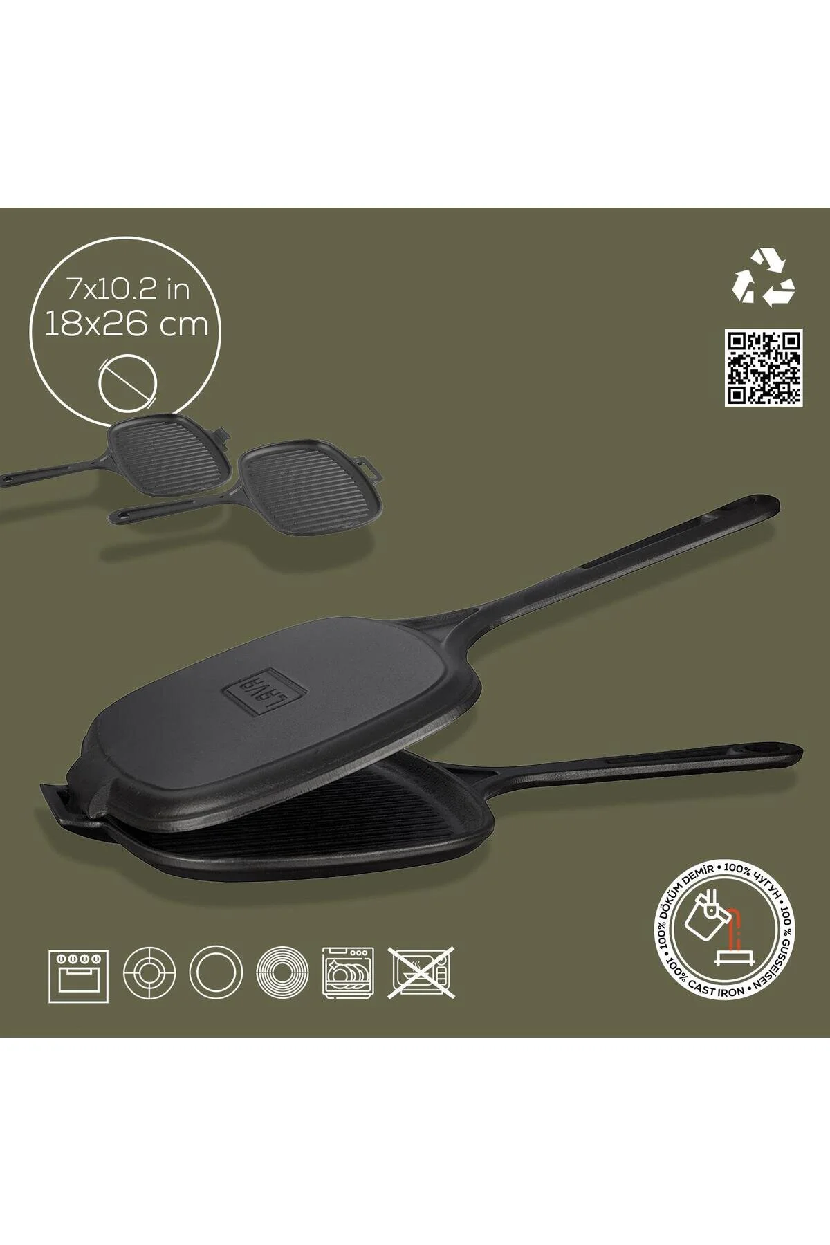 Lava Döküm Dikdörtgen Izgara Tost Makinası Döküm Demir Yekpare Saplı Ölçü 18x26cm