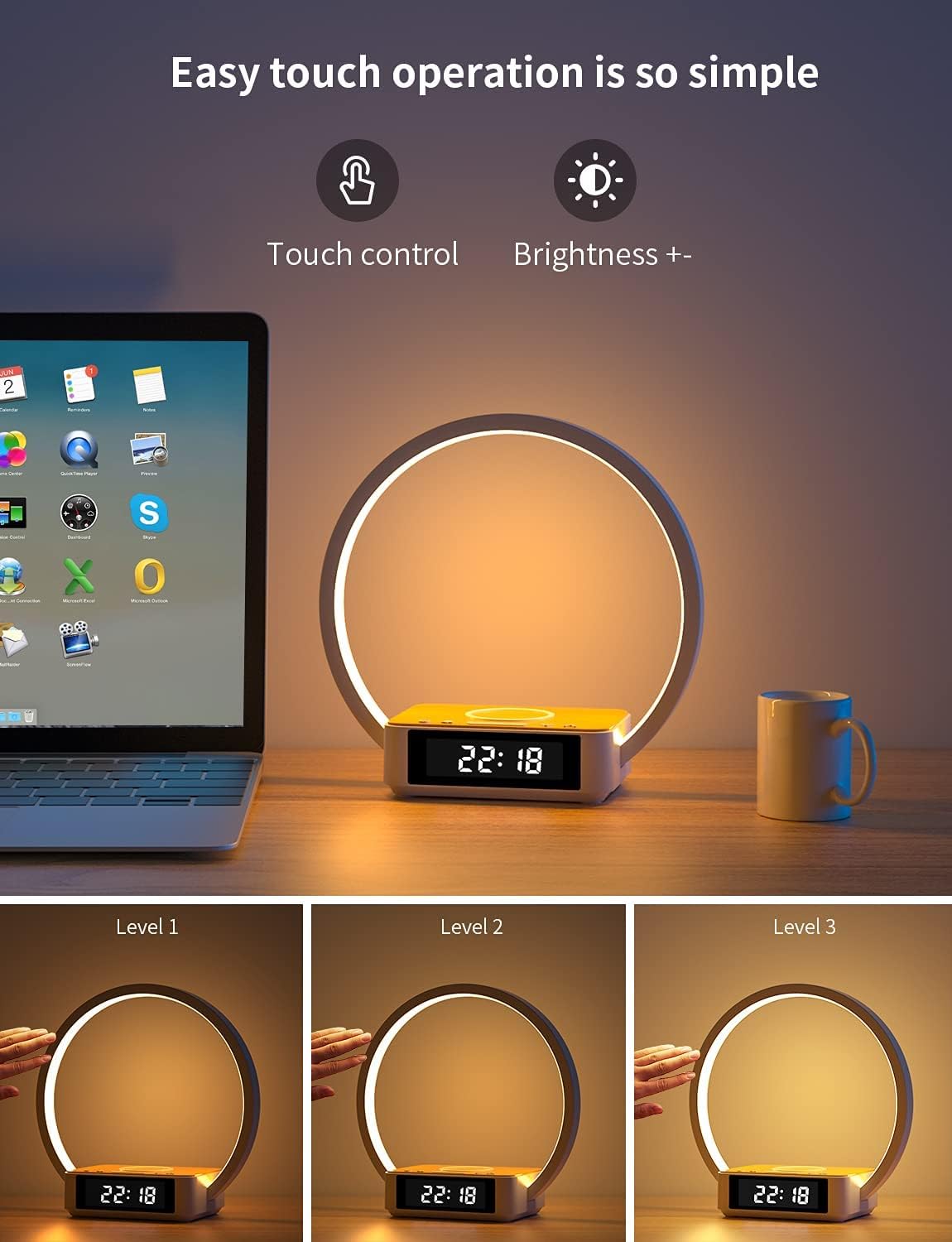 Amouhom 18W Dokunmatik LED Yatak Odası Lambası – Kablosuz Şarjlı & Alarm Özellikli