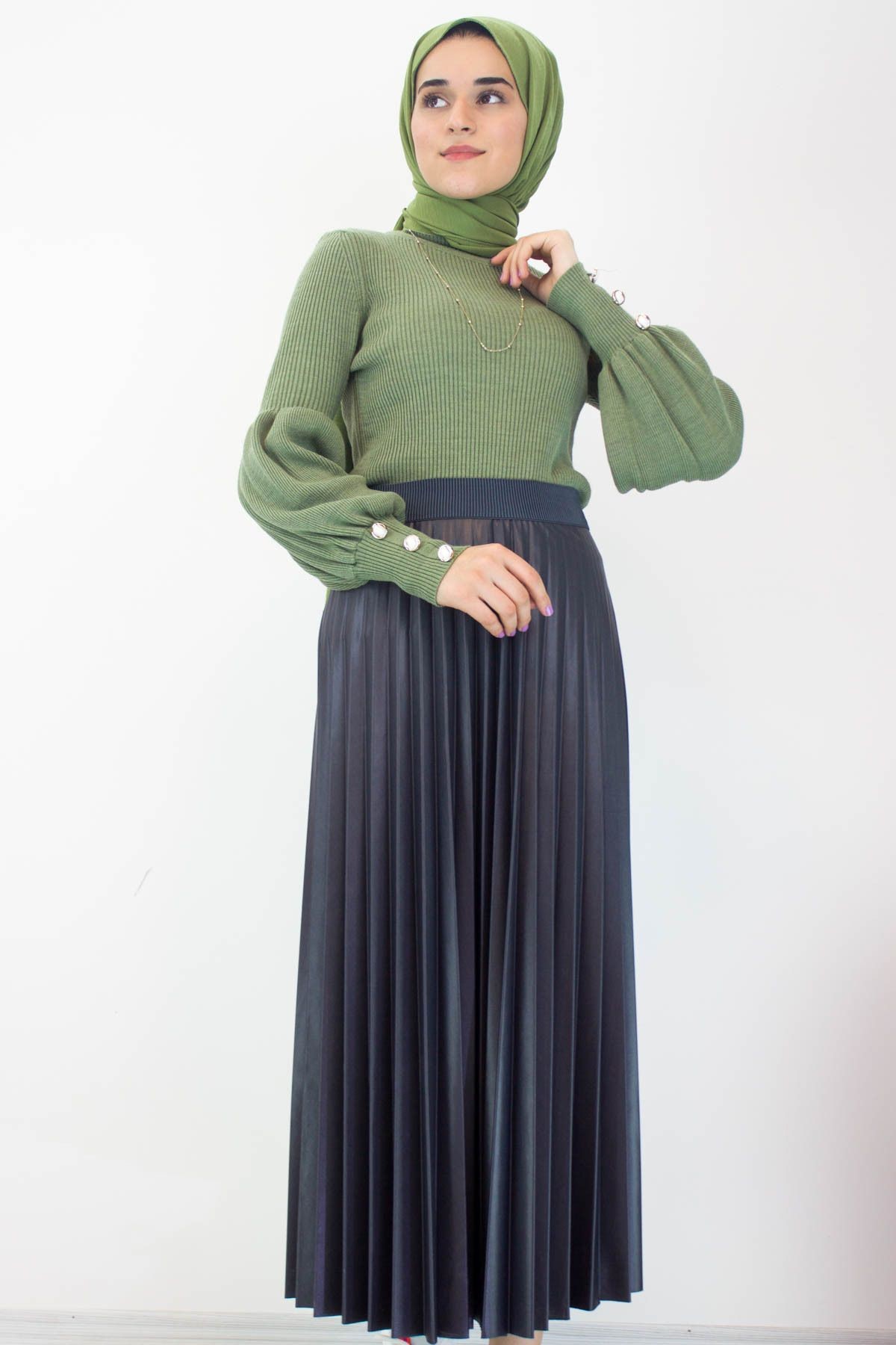 Deri Pileli Etek 90 cm