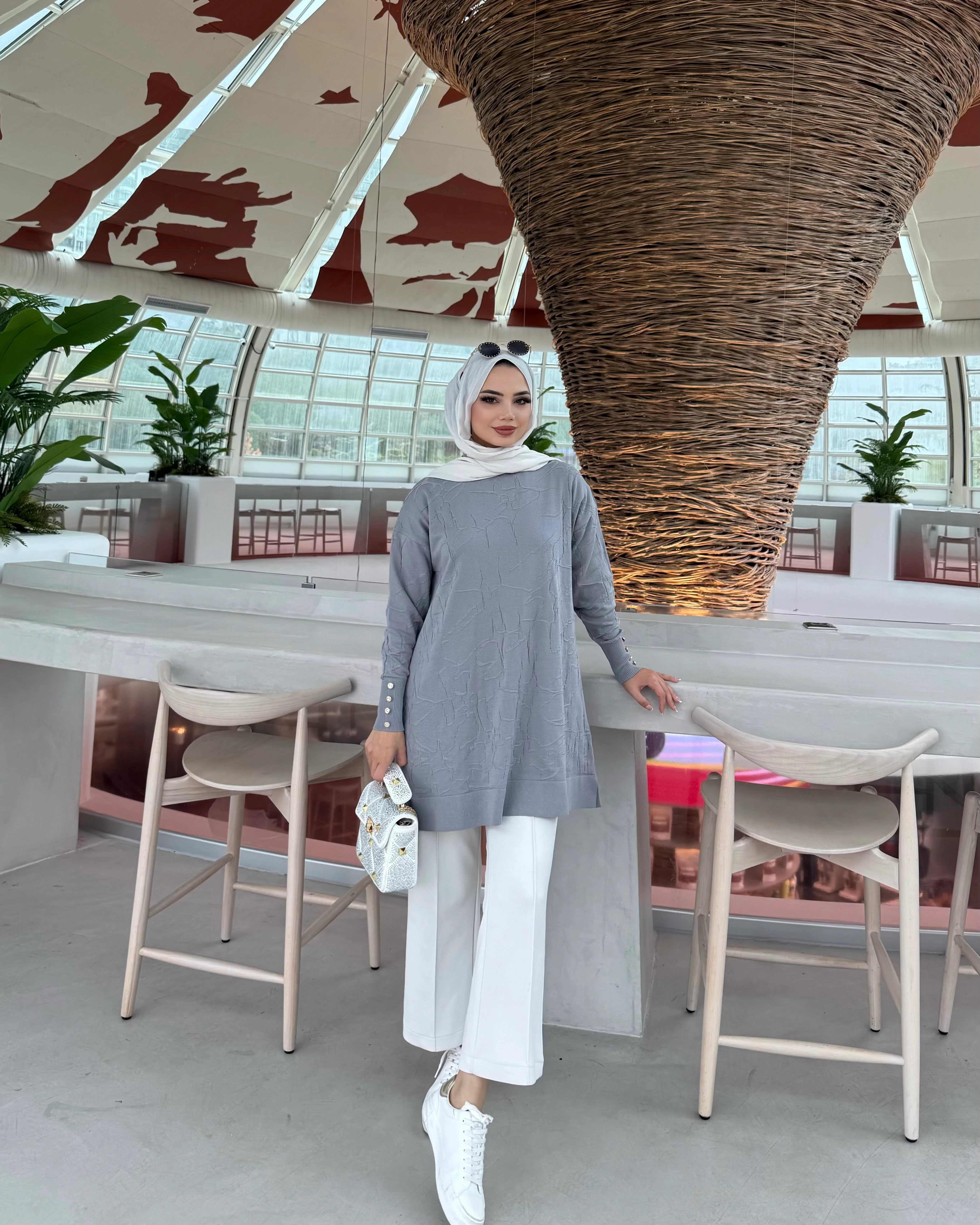 Desenli Merserize Tunik Gri