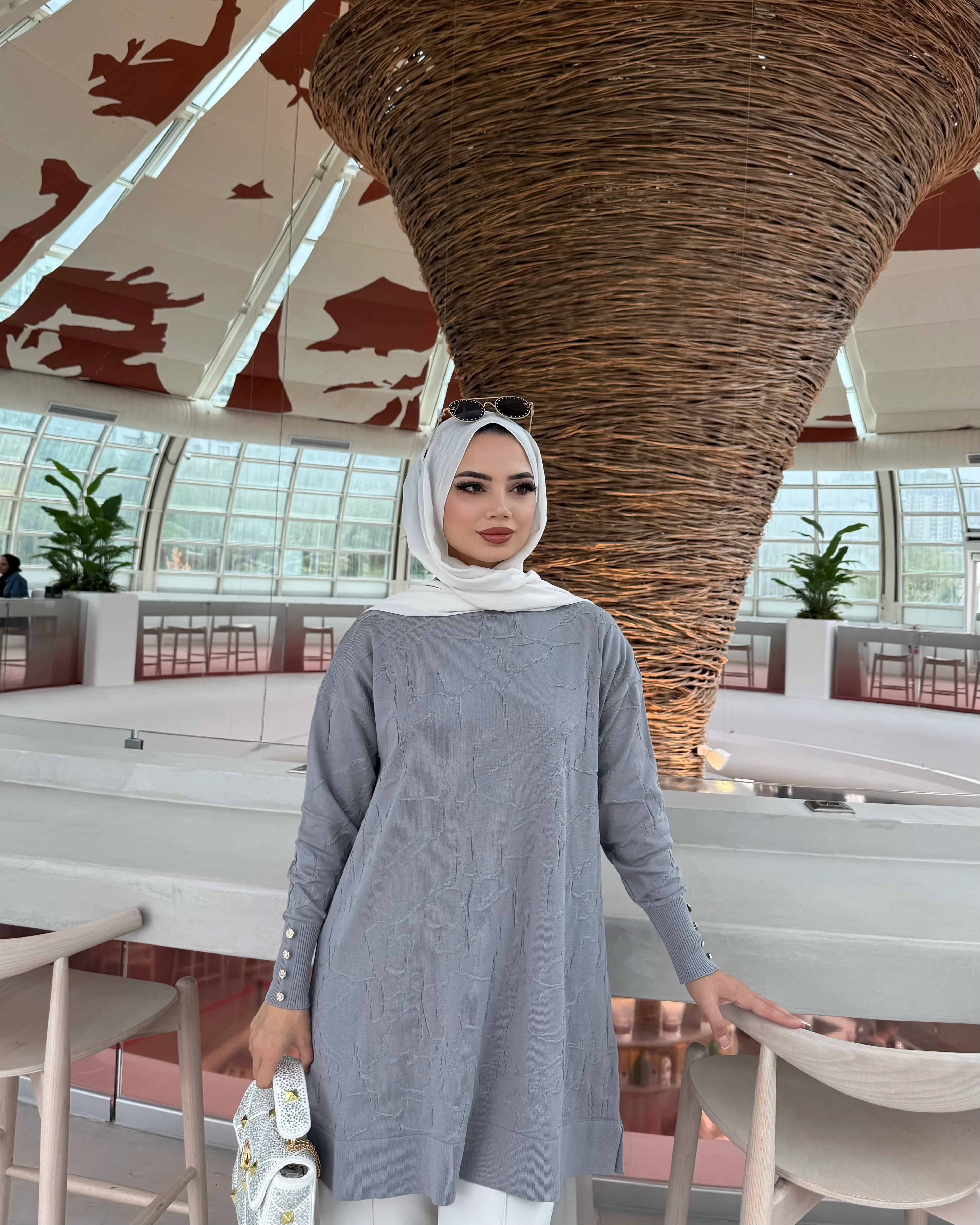 Desenli Merserize Tunik Gri